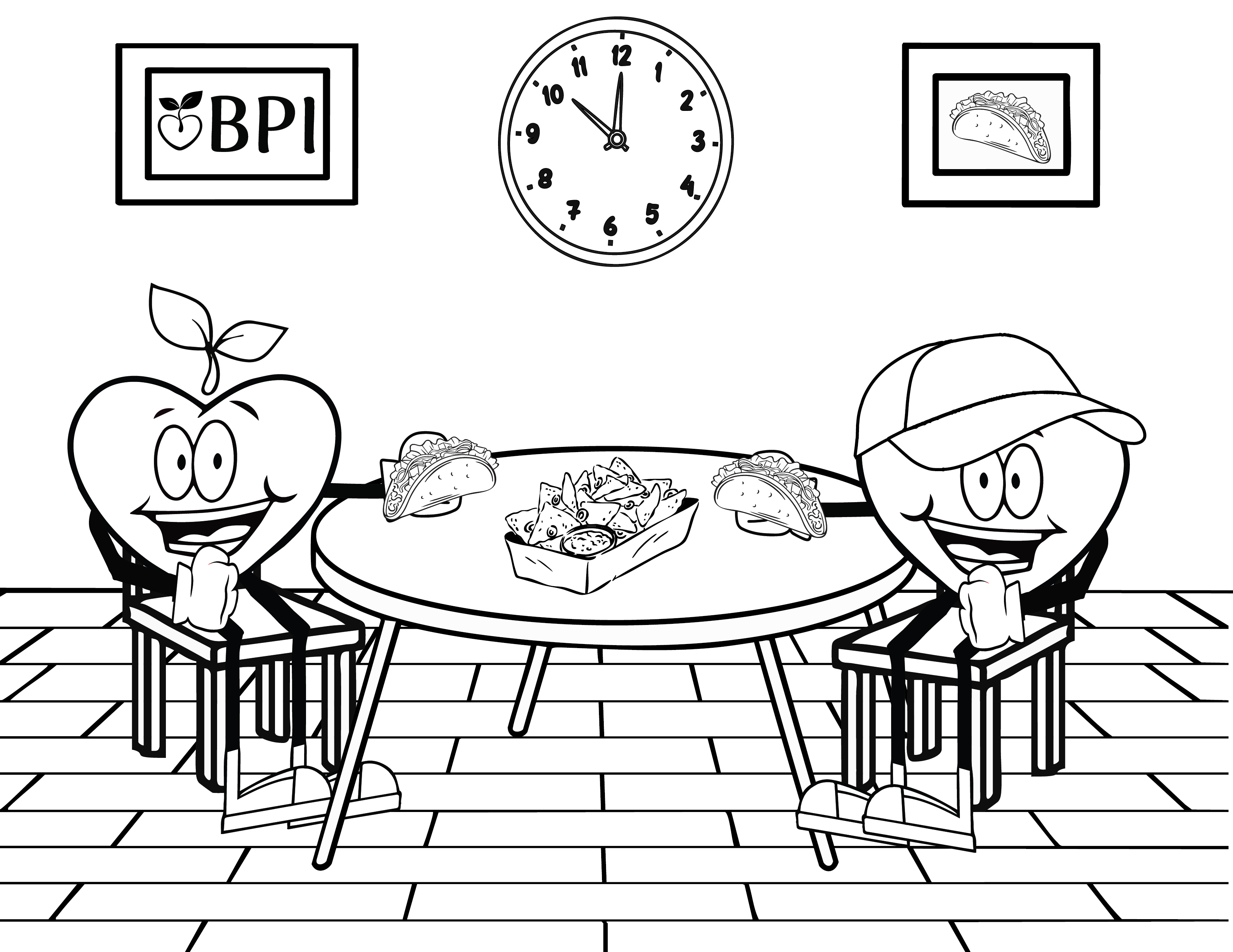 Coloring sheet of two happy apples sitting at a table eating tacos.