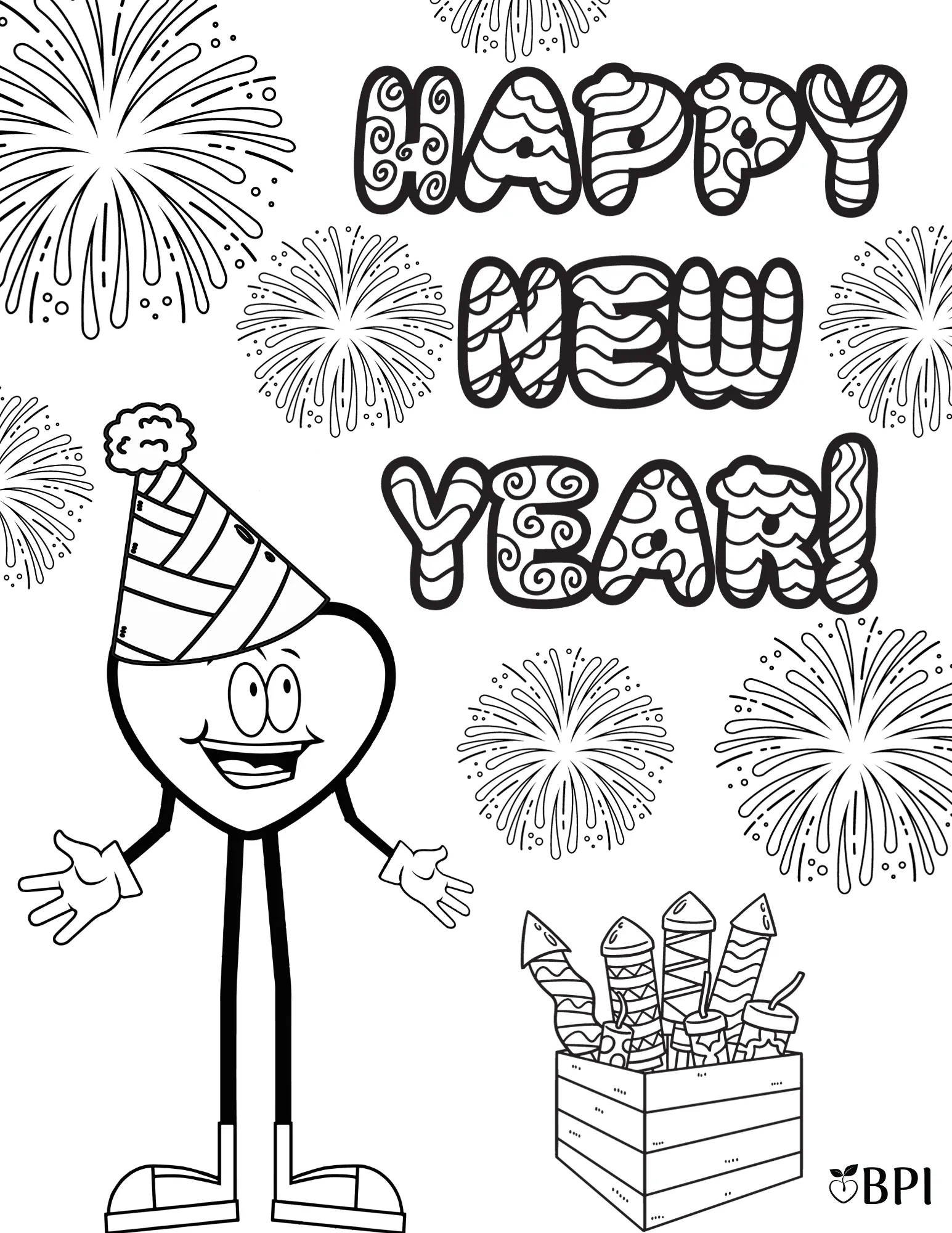 A coloring sheet of the Happy Apple with a party hat around fireworks celebrating the new year.
