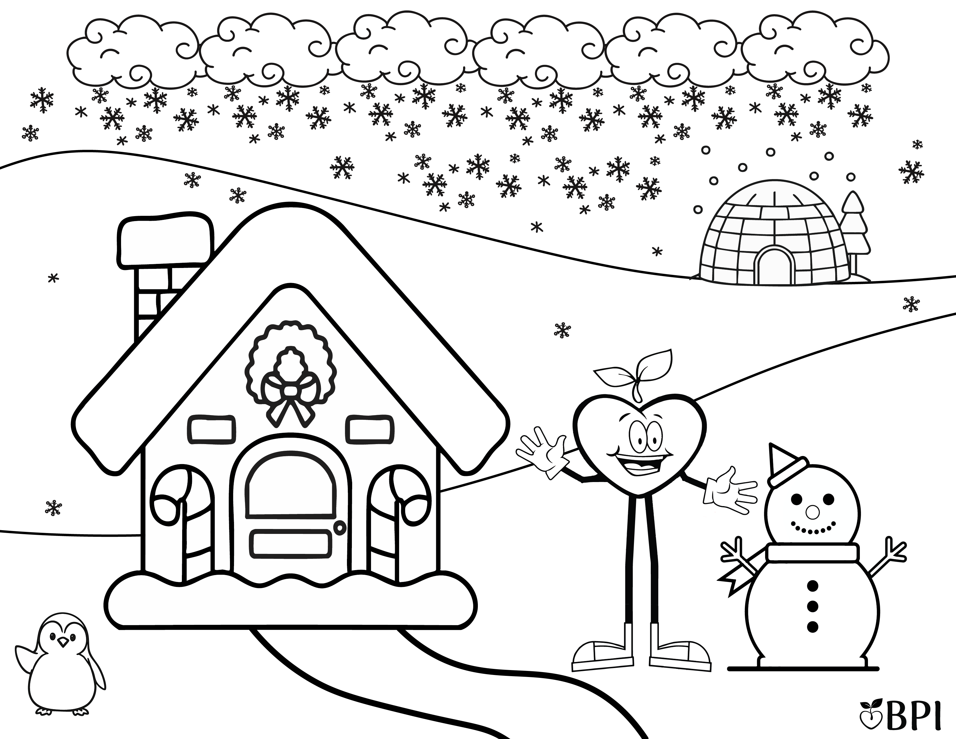Coloring sheet of the happy apple outside of a ginger bread house with a snowman