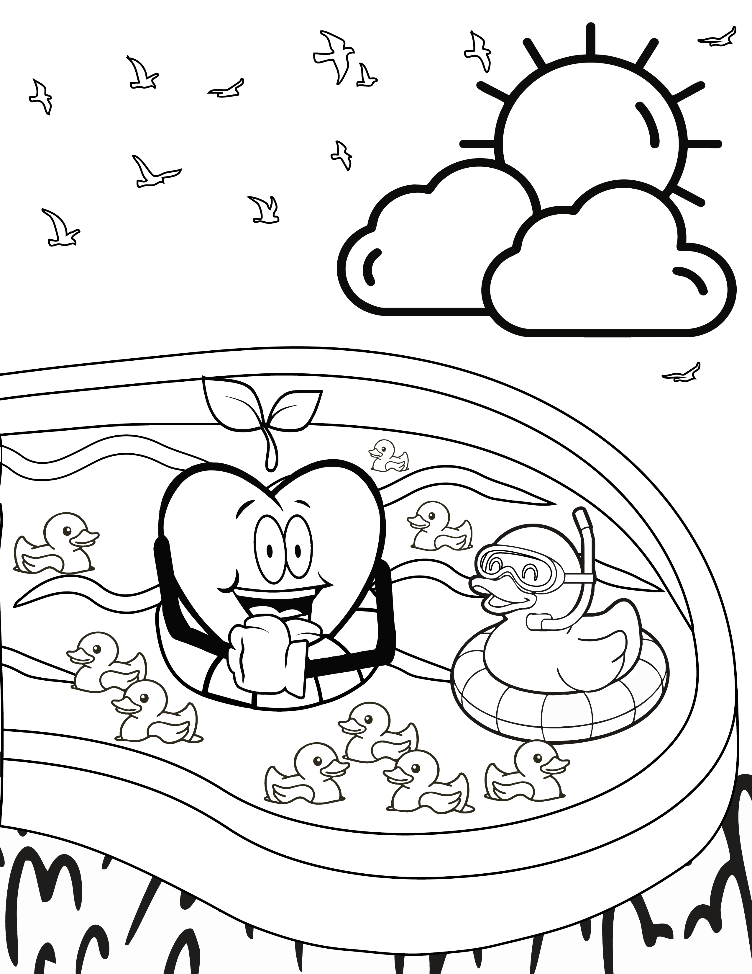 Coloring Sheet of the Happy Apple in a Pool of water surronded by Rubber Ducks