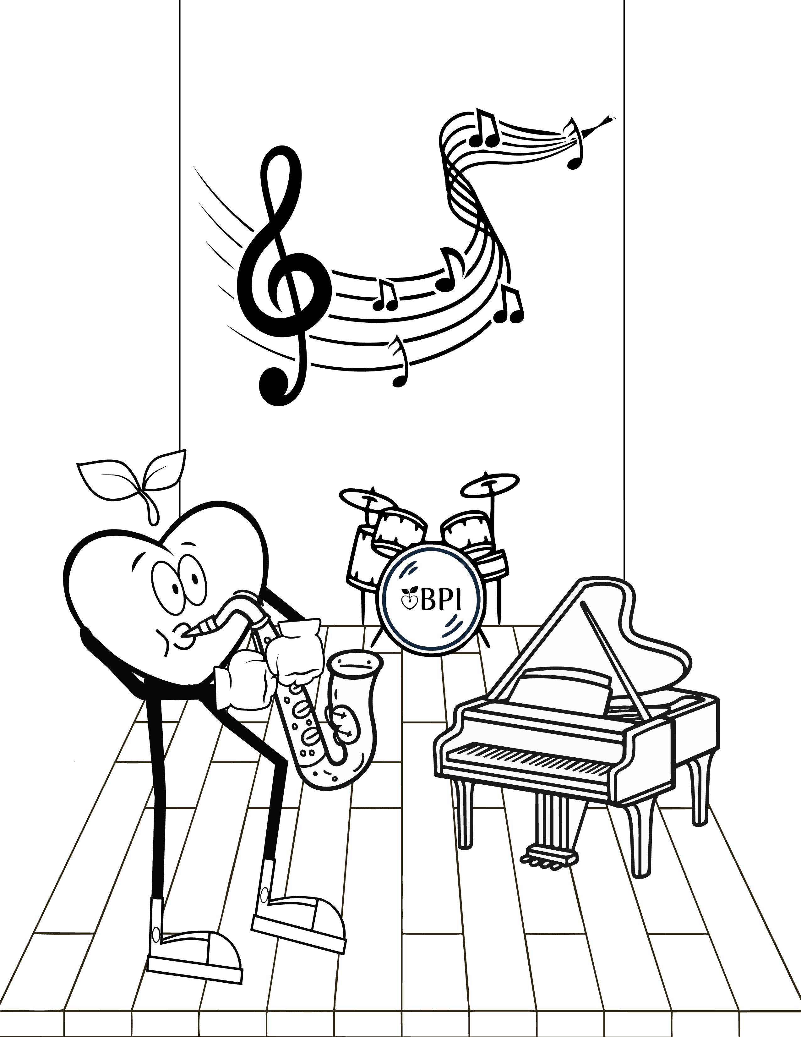 Coloring sheet of the happy apple playing an instrument with a piano and drum set in the background.