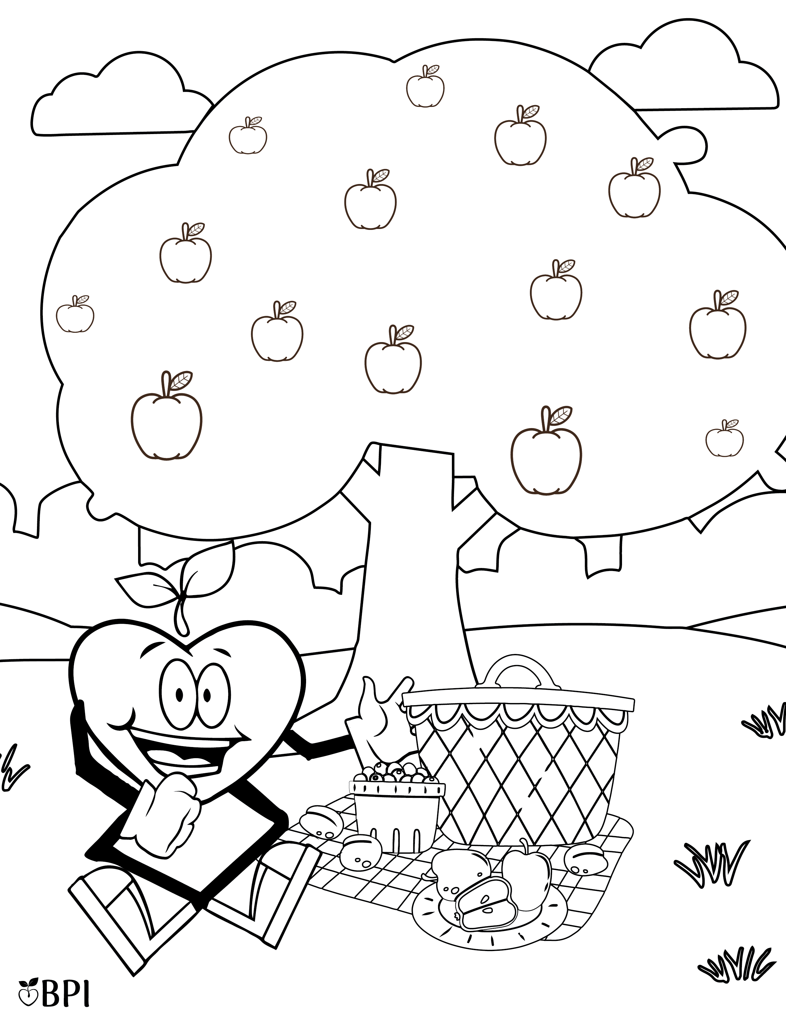 Coloring sheet of the happy apple eating a picnic in the park under a large apple tree