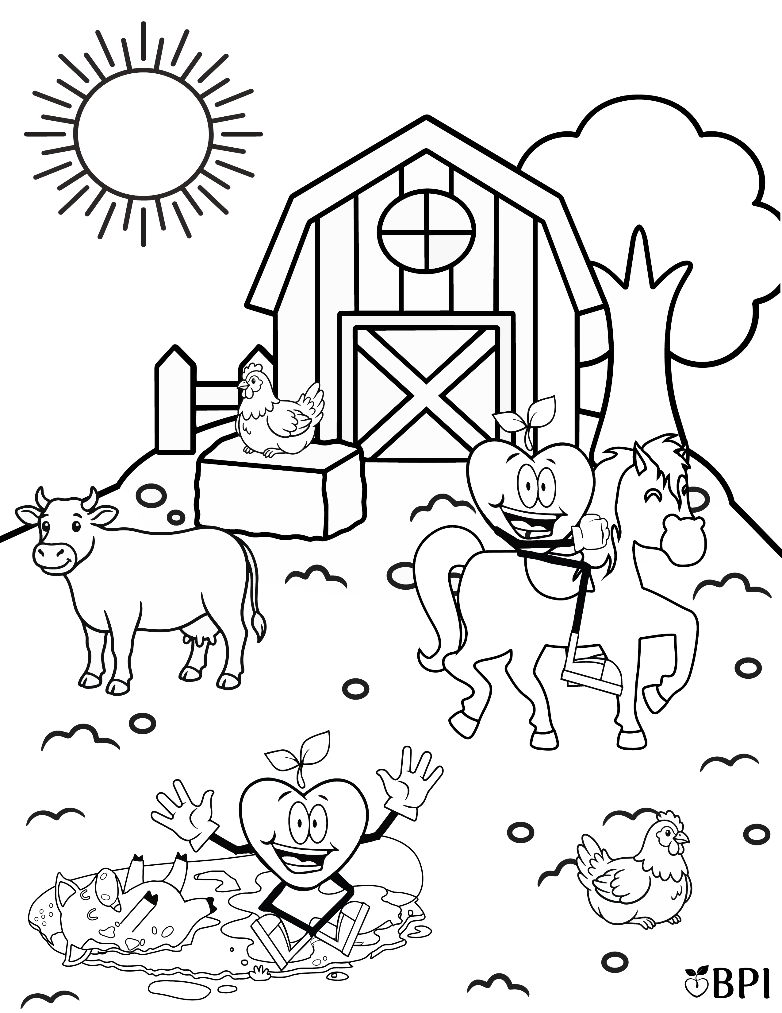 Coloring sheet of the happy apple playing in mud with a pig on a farm surrounded by chickens, cows and a barn. 