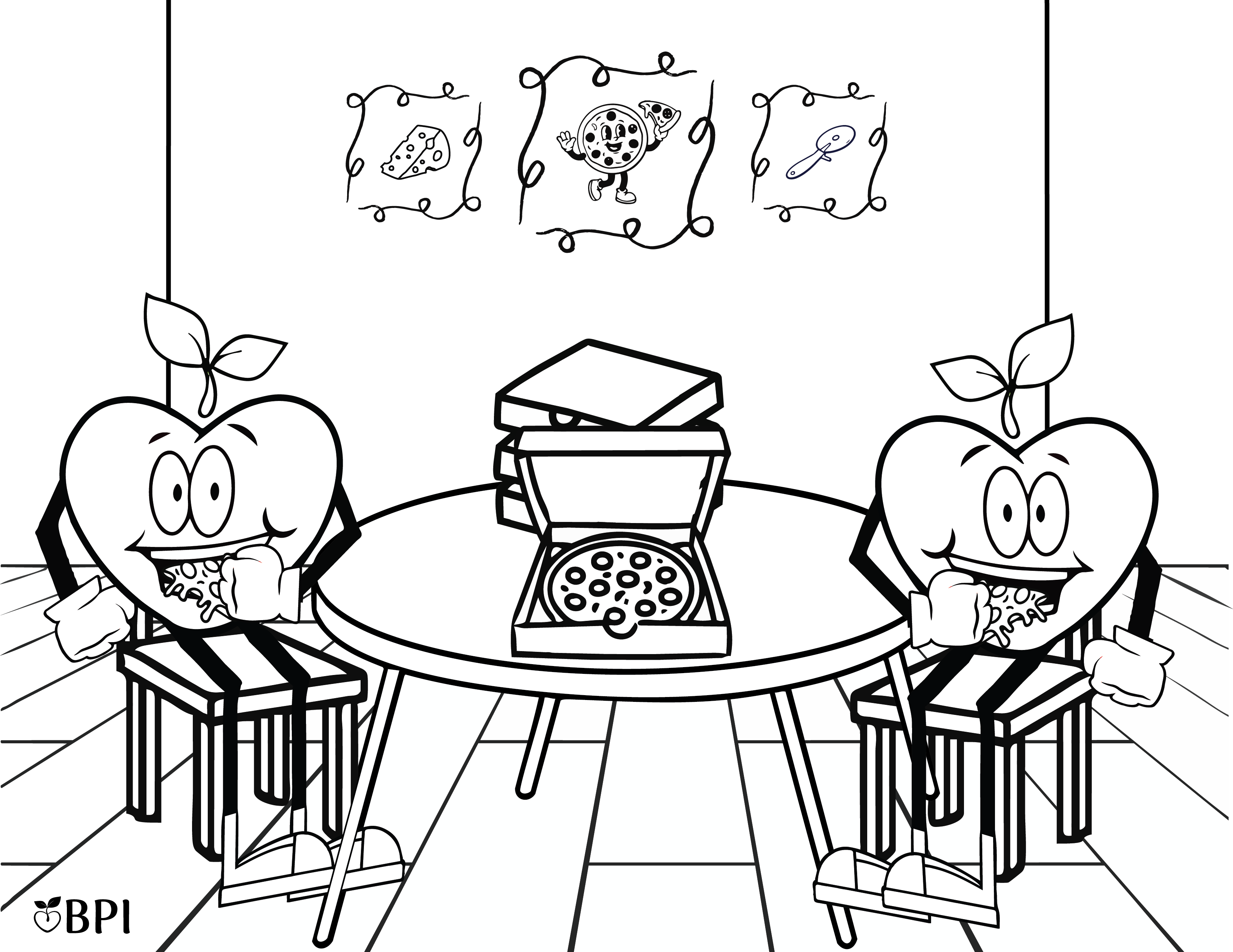 Coloring sheet of two happy apples eating pizza in a pizza themed room.
