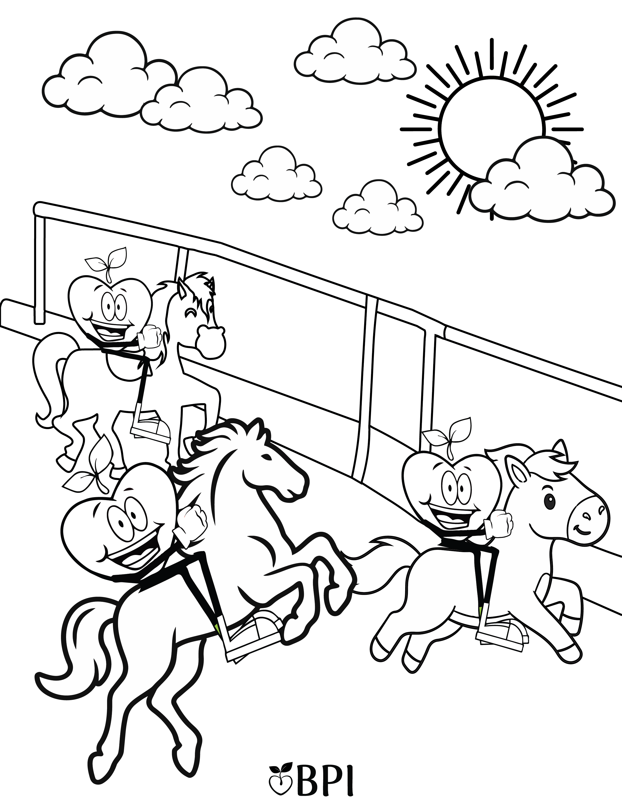 Coloring sheet is multiple happy apples riding horses at a racetrack