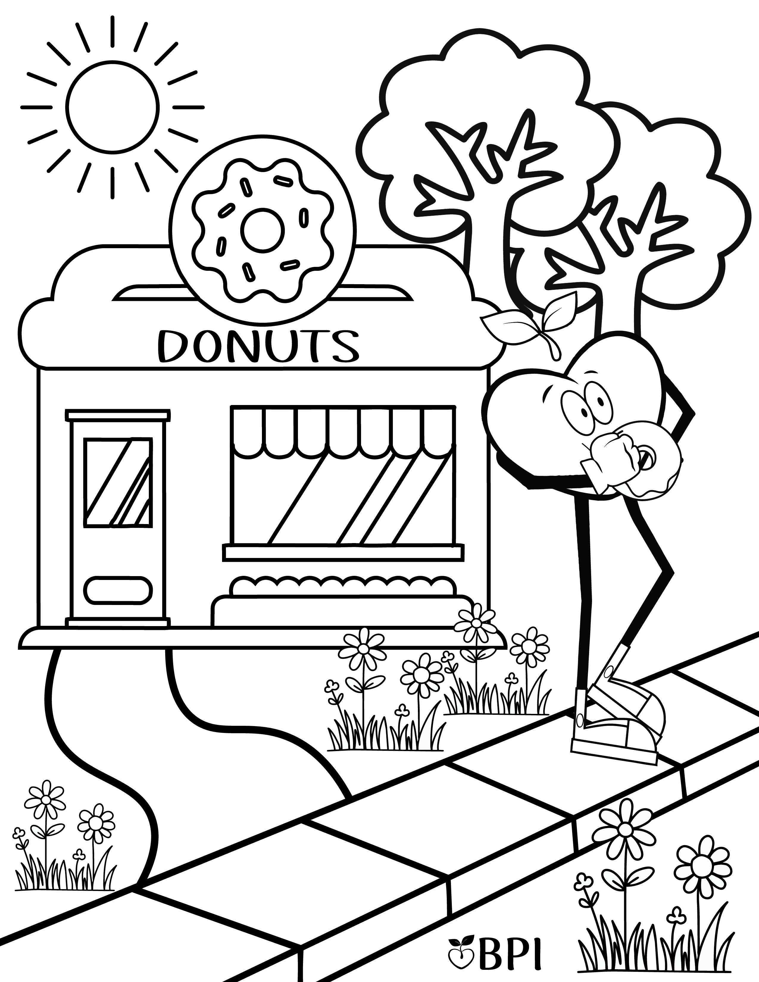 Coloring sheet of the Happy Apple standing outside a donut shop holding donuts.