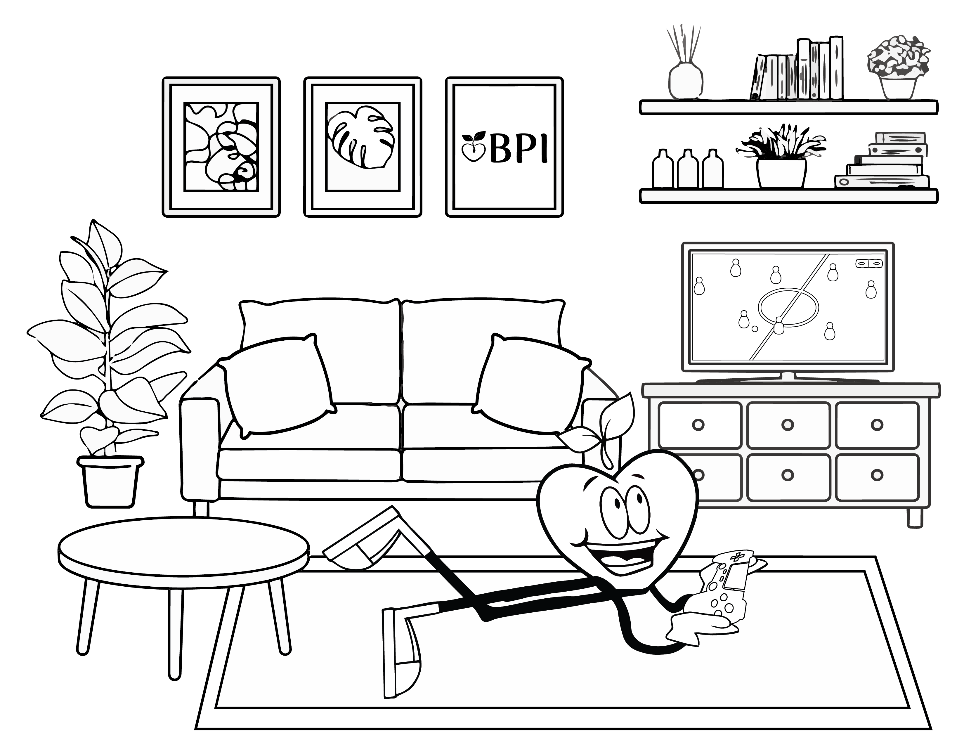 Coloring sheet of the happy apple laying down on the ground playing a video game in the living room. 
