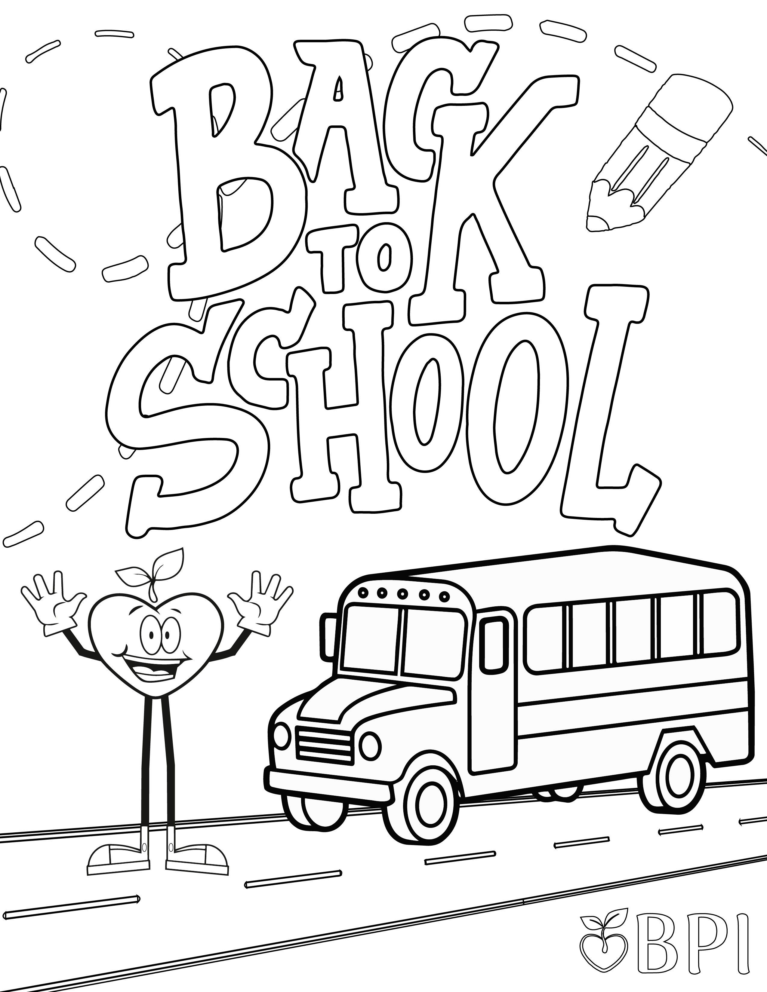 A coloring sheet of the Happy Apple in front of a school bus that says "Back to School"