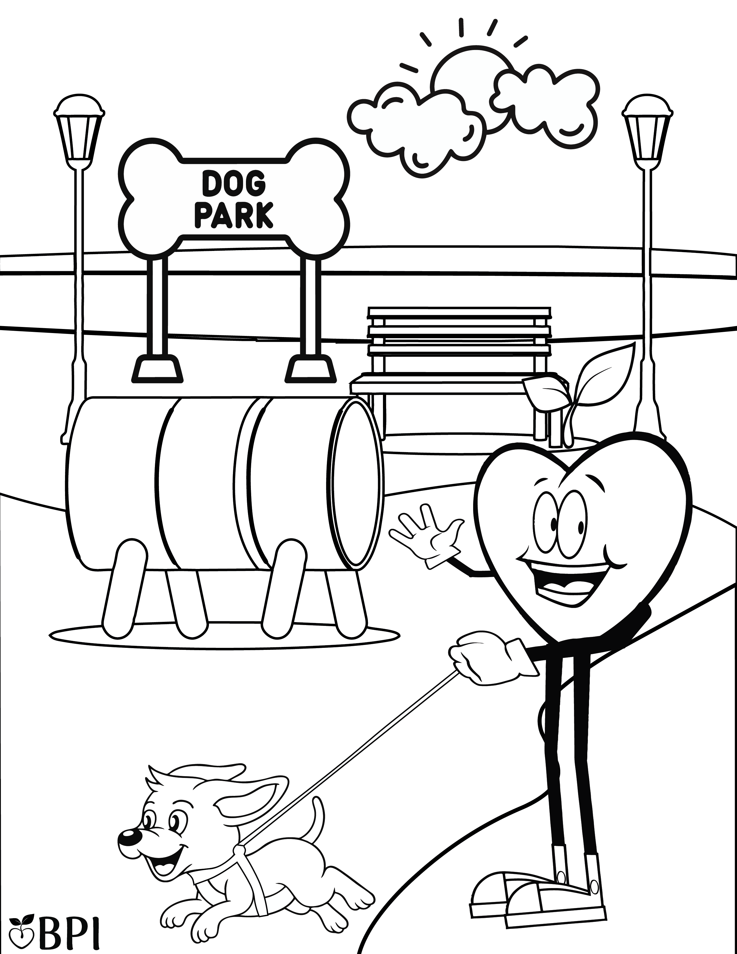 Coloring Sheet featuring BPI's friendly heart mascot and an adorable puppy enjoying a day at the park
