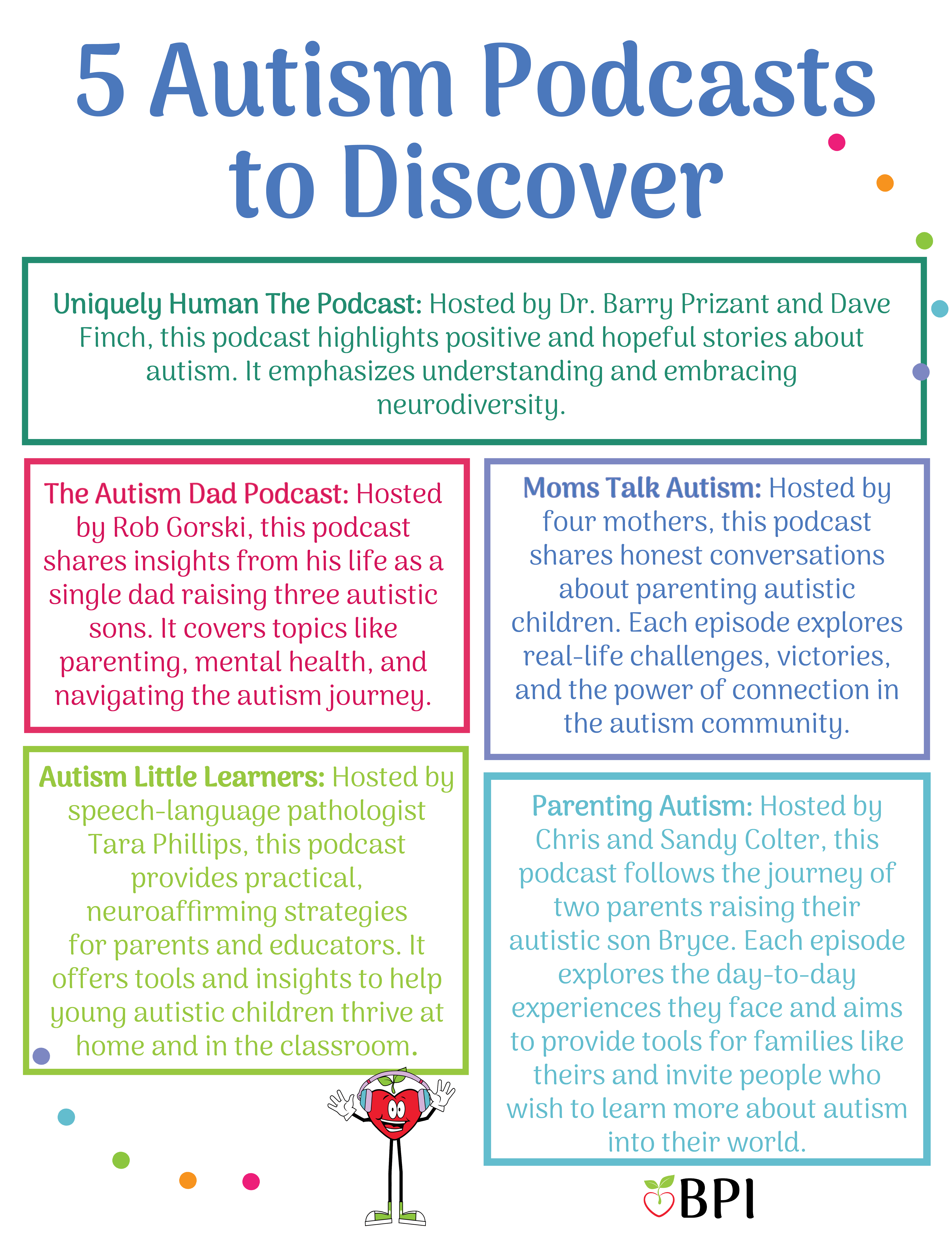 Uniquely Human The Podcast: Hosted by Dr. Barry Prizant and Dave Finch, this podcast highlights positive and hopeful stories about autism. It emphasizes understanding and embracing neurodiversity. The Autism Dad Podcast: Hosted by Rob Gorski, this podcast shares insights from his life as a single dad raising three autistic sons. It covers topics like parenting, mental health, and navigating the autism journey. Moms Talk Autism: Hosted by four mothers, this podcast shares honest conversations about parenting autistic children. Each episode explores real-life challenges, victories, and the power of connection in the autism community.
Autism Little Learners: Hosted by speech-language pathologist Tara Phillips, this podcast provides practical, neuroaffirming strategies for parents and educators. It offers tools and insights to help young autistic children thrive at home and in the classroom.
Embracing Autism: Hosted by Lia and Matt McCabe, this podcast highlights lived experiences raising autistic children. The hosts share their family’s journey while offering perspective, support, and hope to other parents.