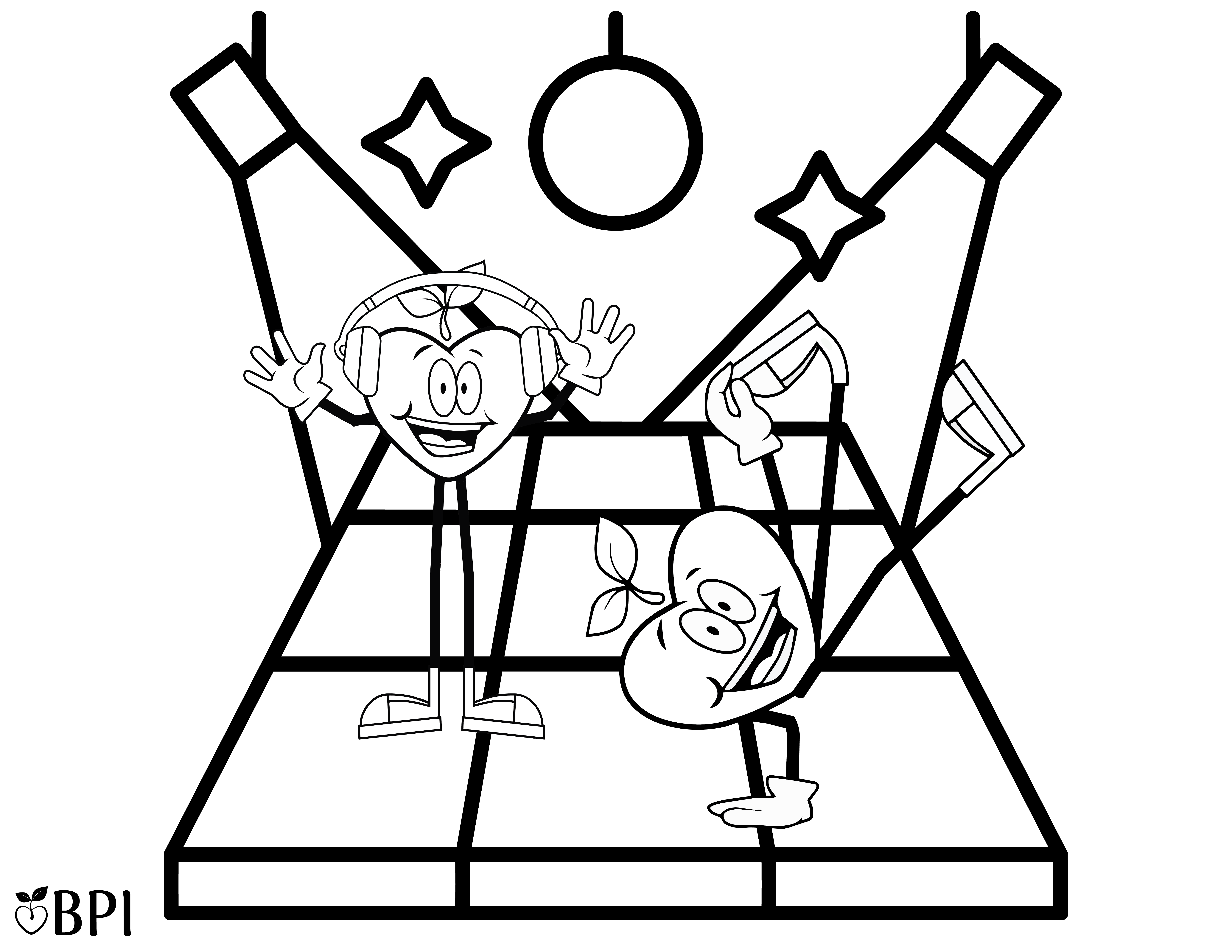 Coloring sheet of two happy apples dancing on dance floor with spotlights.