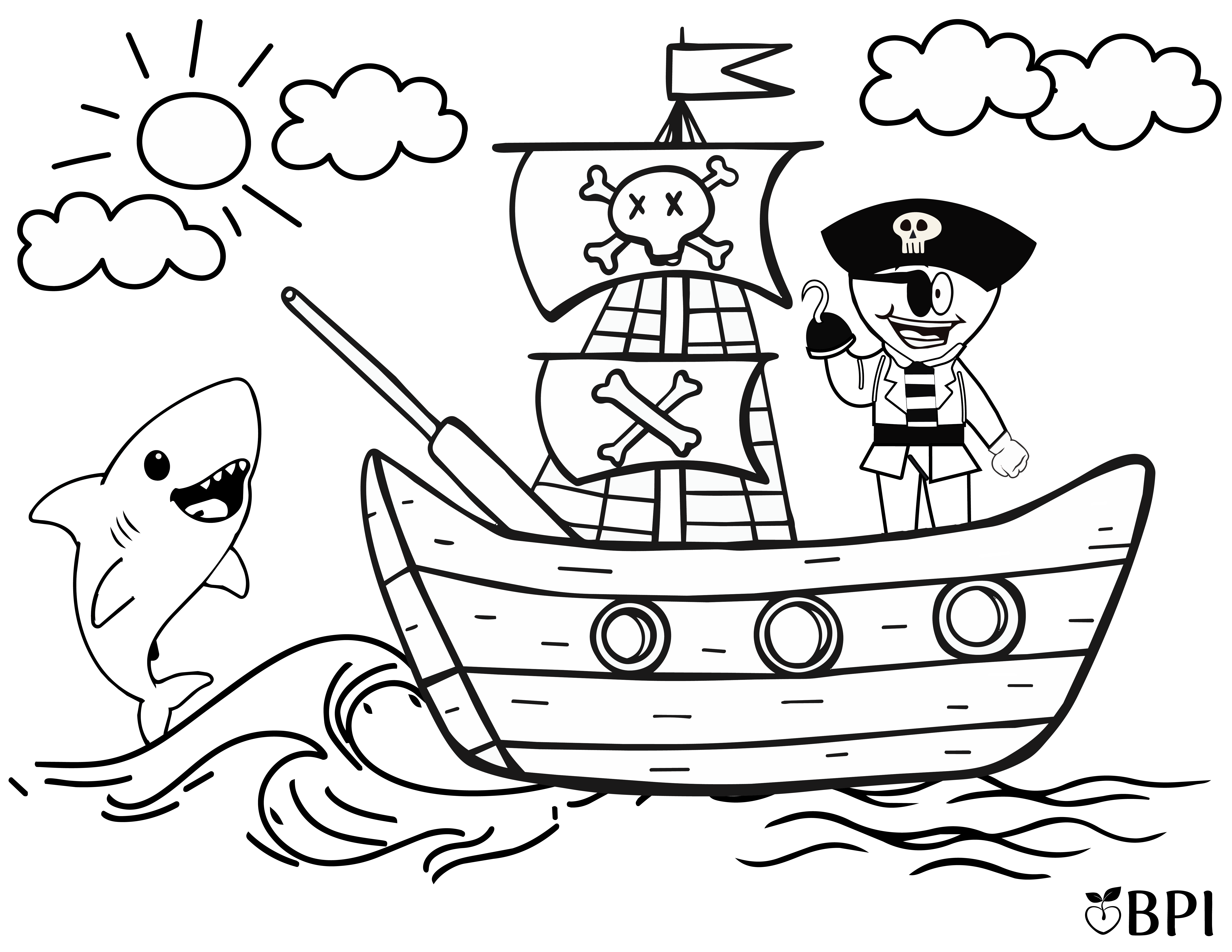 Coloring sheet of the happy apple dressed as a pirate on a pirate ship with a shark jumping in the water.