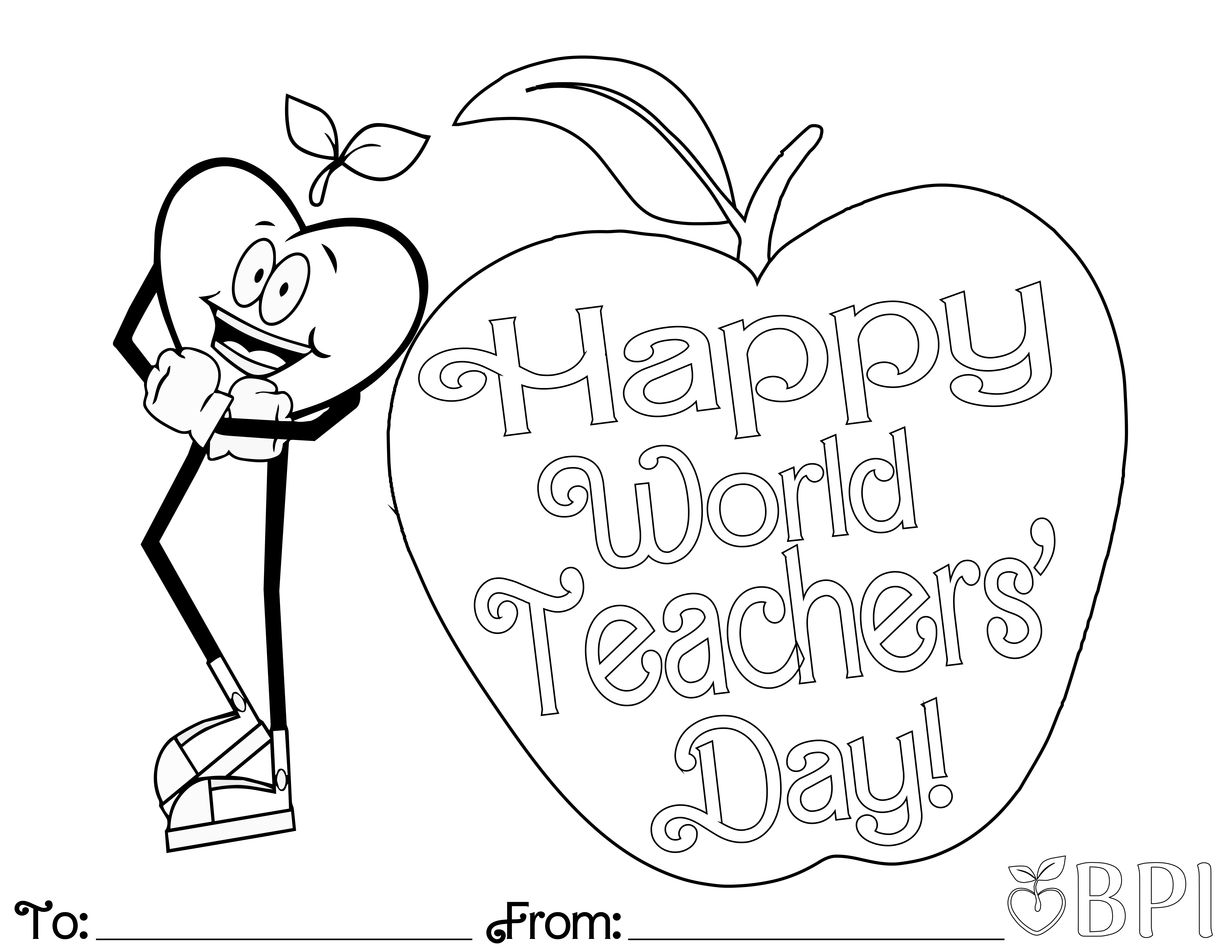 A coloring sheet featuring the Happy Apple and a giant apple that says "Happy World Teachers' Day!"