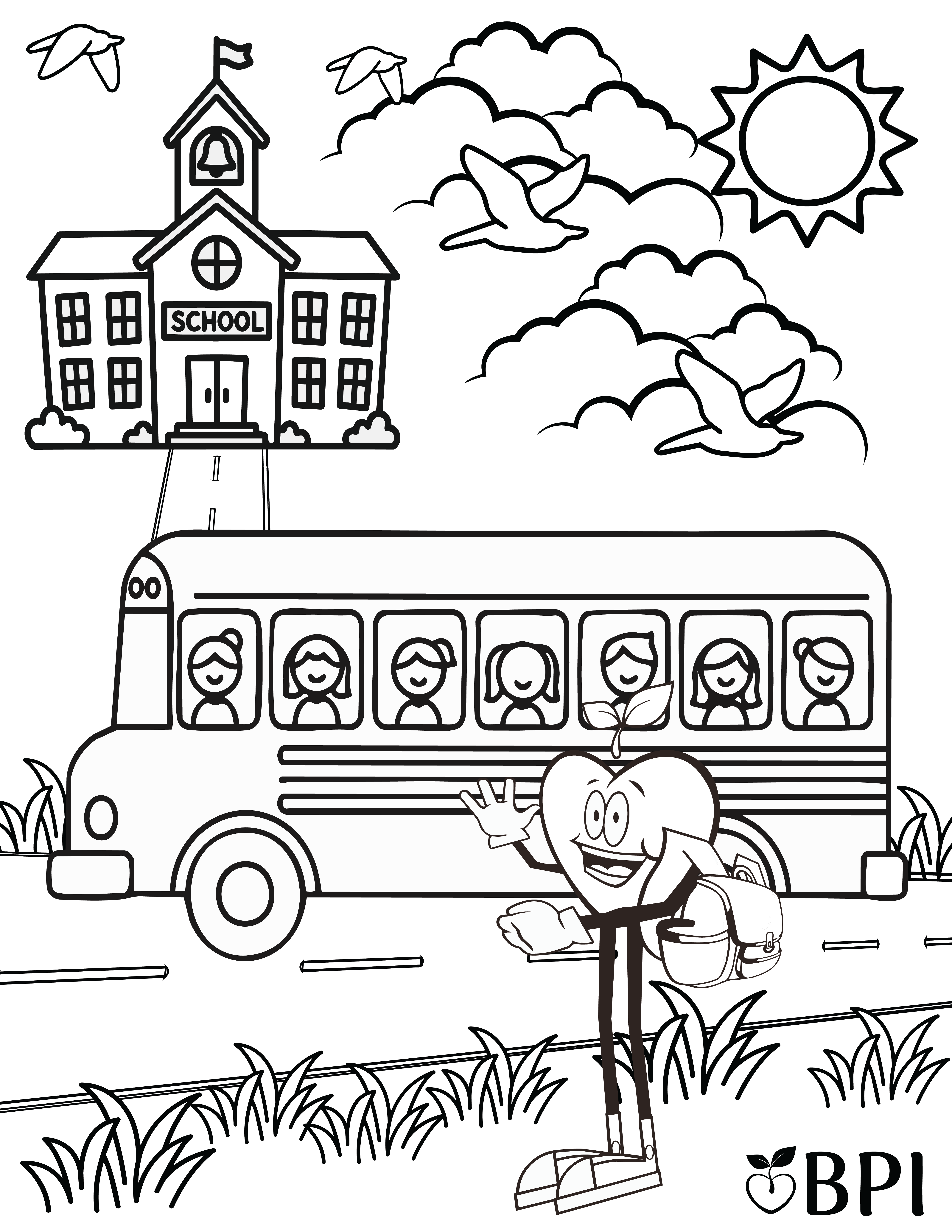 Coloring sheet of the Happy apple wearing a back pack waving while getting ready to get on the school bus to go to school.