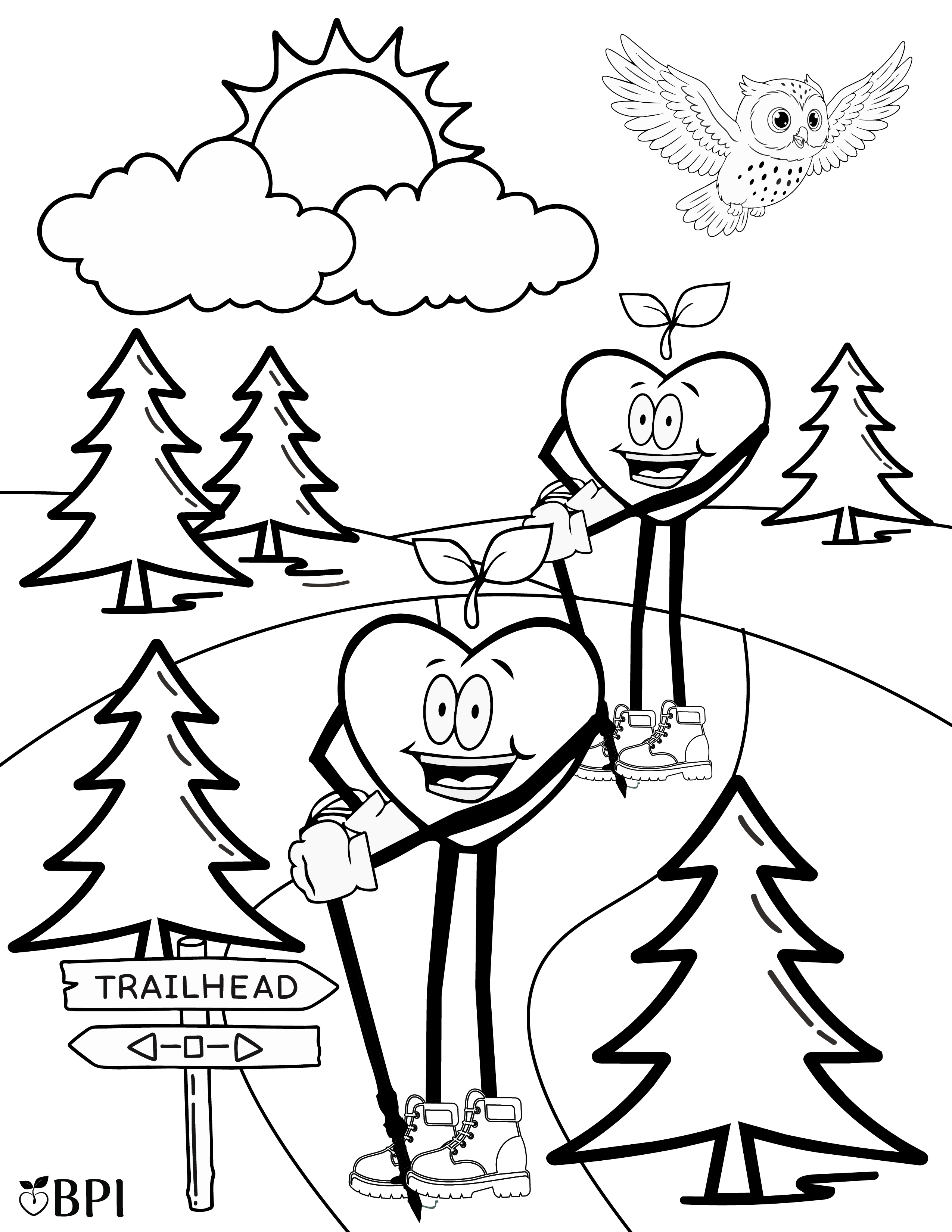 Coloring page featuring two smiling Happy Apple characters hiking together on an outdoor trail surrounded by nature.