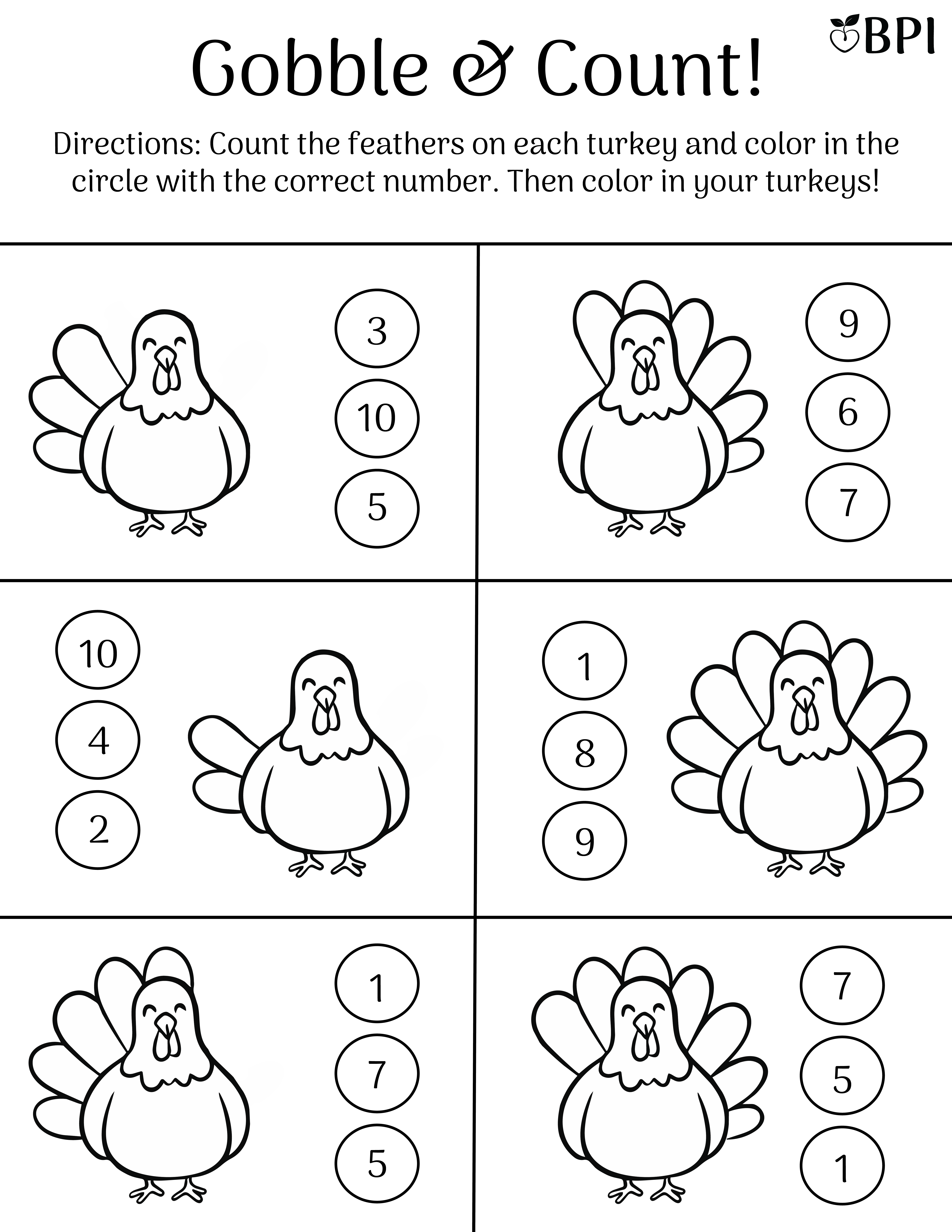 Gobble & Count Thanksgiving counting and coloring worksheet by Behavioral Perspective Inc. (BPI). Directions: Count the feathers on each turkey and color in the circle with the correct number. Then color in your turkeys! The worksheet features six cartoon turkeys, each with a different number of feathers and three multiple-choice answers.
- Top left: 3, 10, 5
- Top right: 9, 6, 7
- Middle left: 10, 4, 2
- Middle right: 1, 8, 9
- Bottom left: 1, 7, 5
- Bottom right: 7, 5, 1
This printable Thanksgiving activity encourages counting, number recognition, fine motor skills, and coloring practice.