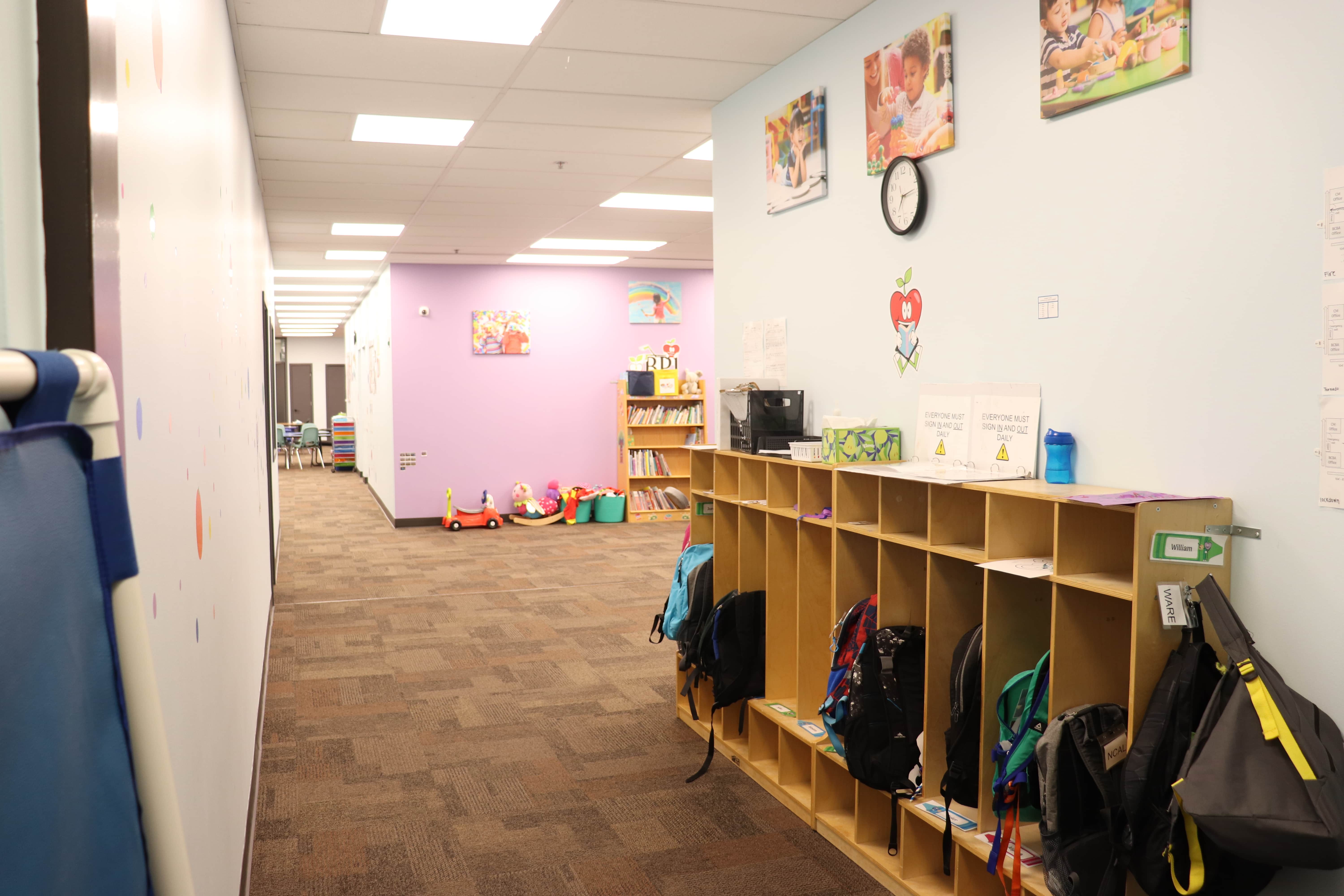 Crystal Lake ABA Clinic cubbies for autistic children.