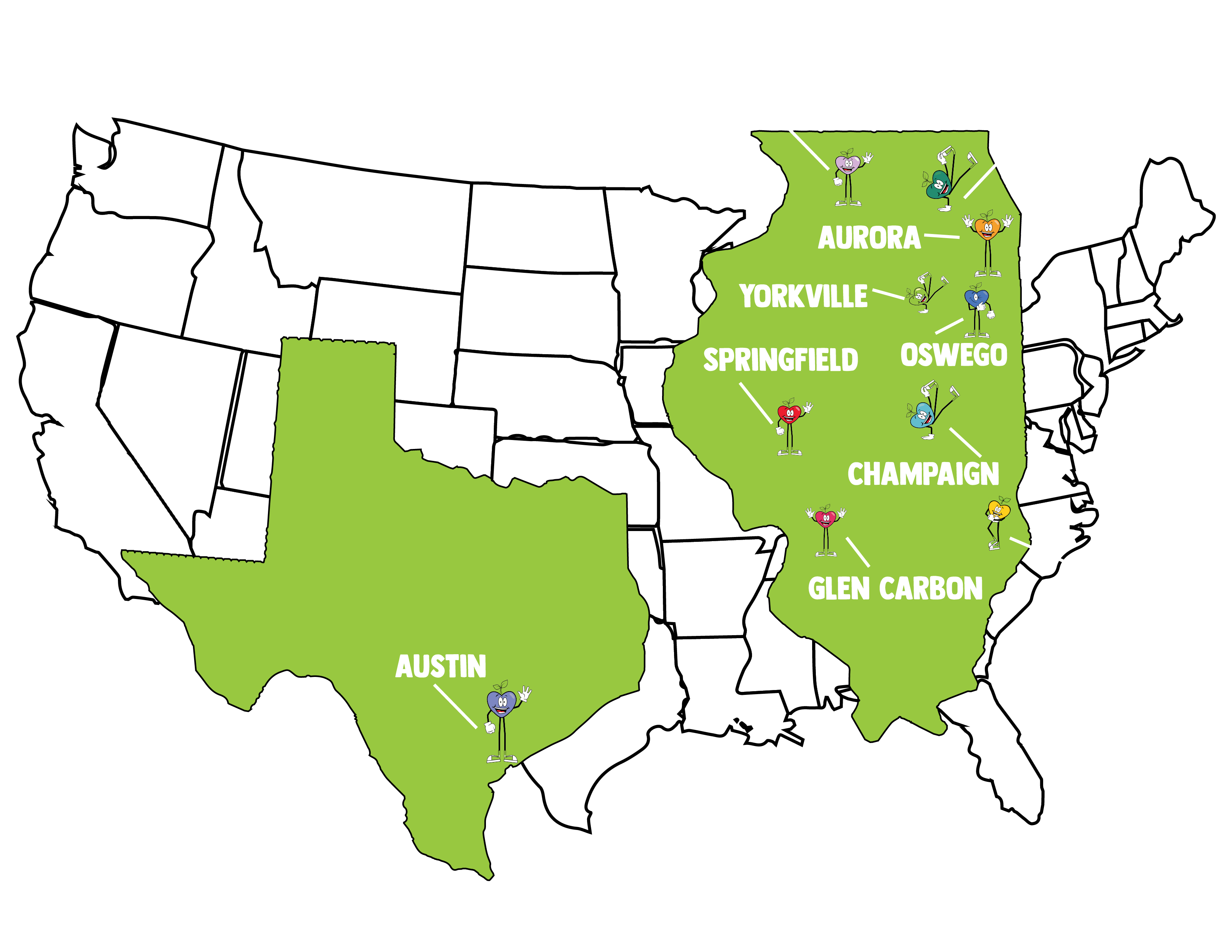 A map of the U.S. with the states Illinois and Texas highlighted. There is a Happy Apple at each of our clinic locations: Aurora, Oswego, Yorkville, West Chicago, Crystal Lake, Champaign, Springfield, Glen Carbon, Danville, and Austin.