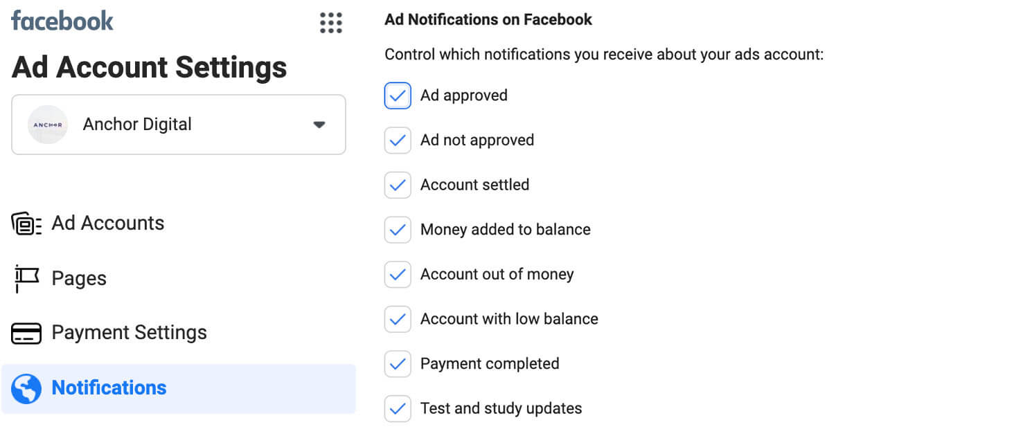 facebook ad account settings