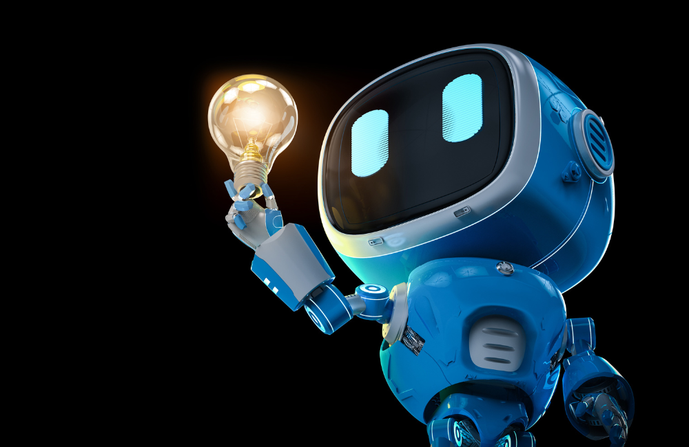 A robot holding up a lit lightbulb.