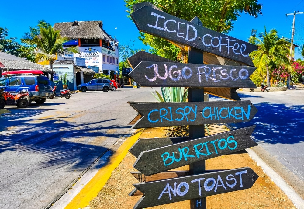 A sign at local shops with various words directing people were to go displaying the importance of navigational keywords.