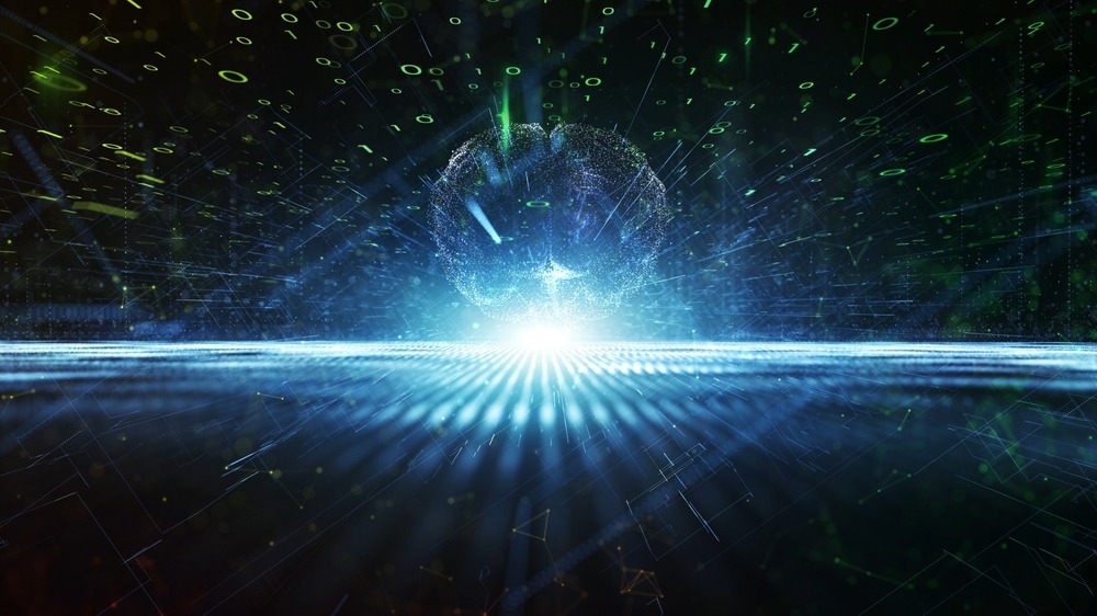 A digital brain surrounded by digital data.