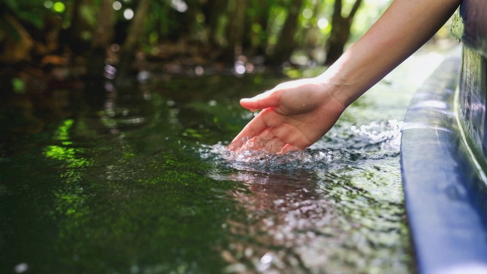A hand dipped in a fresh water way alongside a boat. An image most people can sensory relate to with the cool feeling of fresh water.