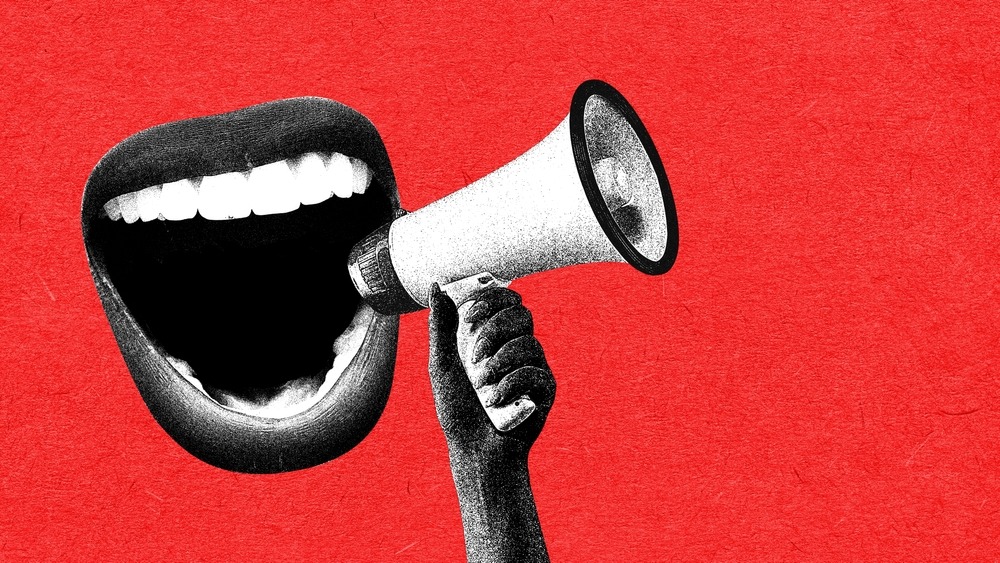 A graphic of a black and white mouth with a hand holding a megaphone on a contrasting red background. 
