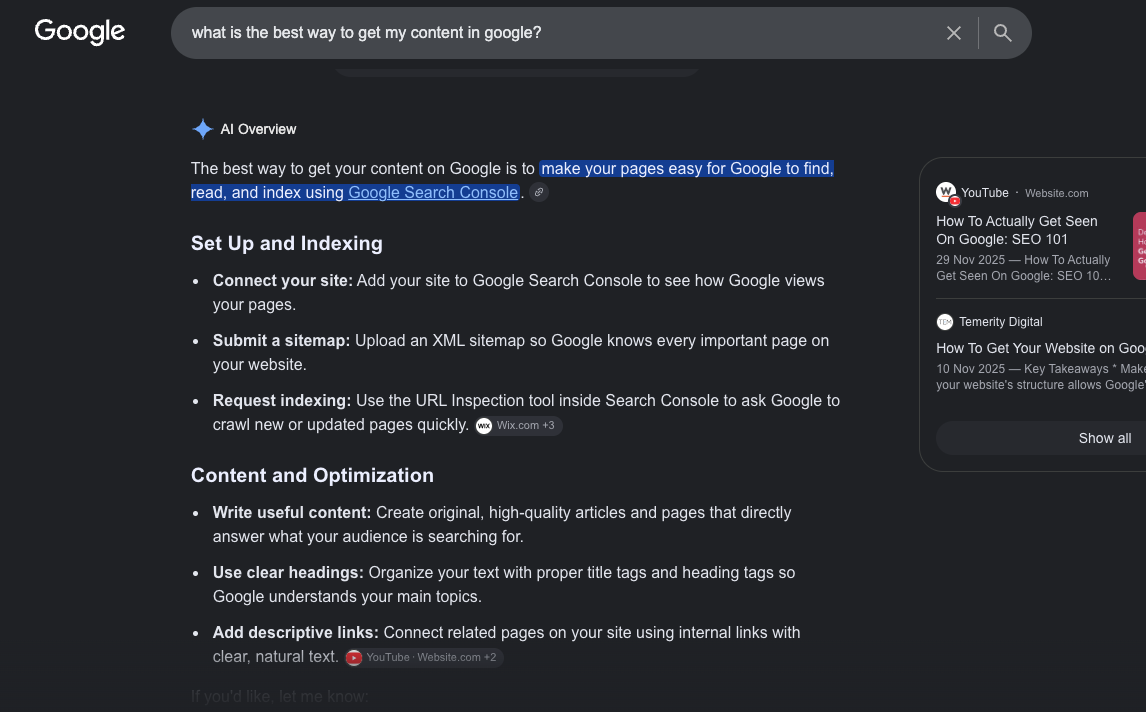 Google search engine results page displaying a Google AI Overview snippet