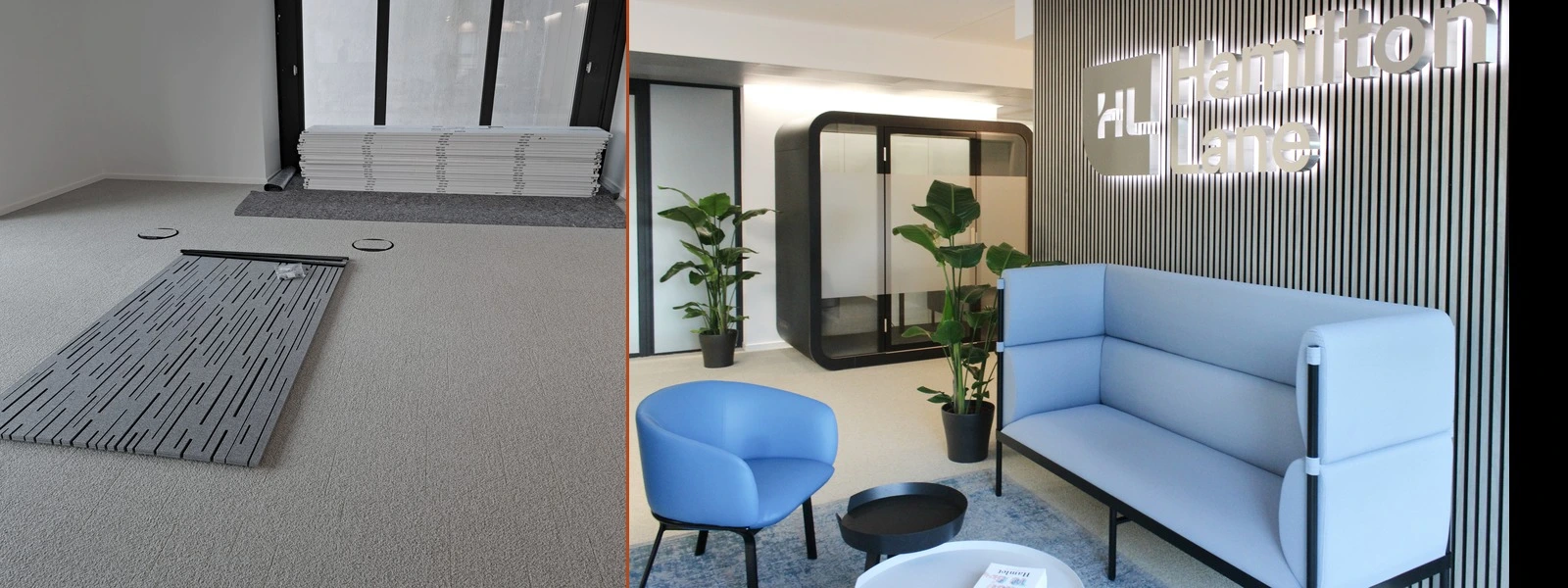 Büro Branding Frankfurt Vorher Nachher — leere Fläche mit Liefermaterial wird zur gebrandeten Kanzlei-Lounge mit Logowall, Phone Booth und Corporate-Design-Folierung. Hamilton Lane Frankfurt, ROOMHERO.