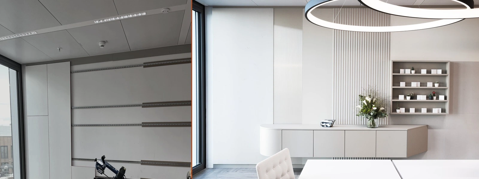 Neue Kanzlei einrichten Frankfurt Vorher Nachher — Rohbauphase mit Regalschienen-Montage wird zum preisgekrönten Empfangsbereich mit Lamellenverkleidung und geschwungenem Tresen. A Office Frankfurt, German Design Award 2026, ROOMHERO.