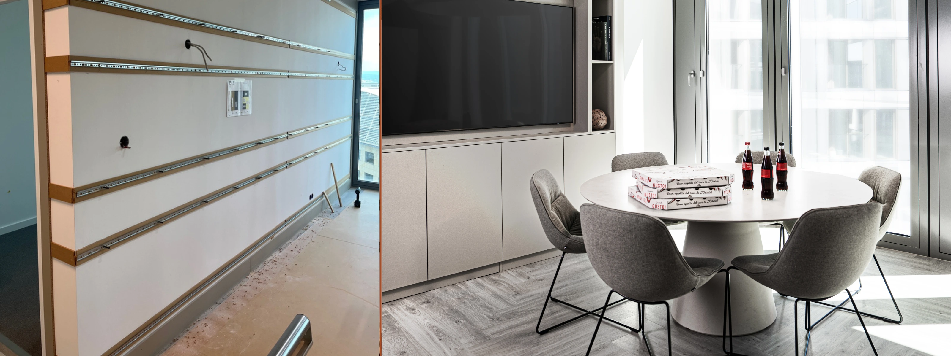 Kanzlei modernisieren Frankfurt Vorher Nachher — leere Bürofläche wird zum modernen Besprechungsraum mit rundem Konferenztisch und Designstühlen, laufender Betrieb. ROOMHERO.