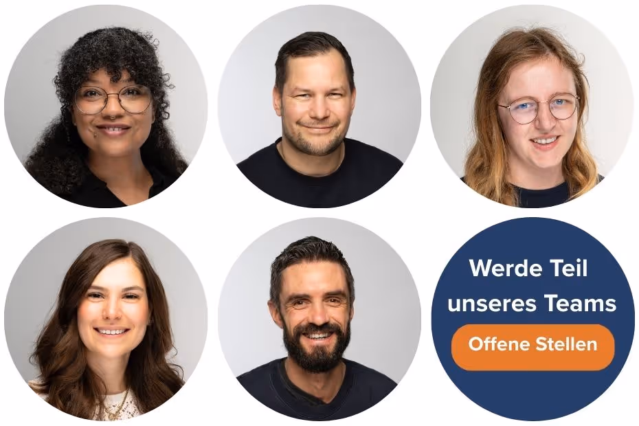 Headshots of five smiling diverse team members arranged in two rows, accompanied by a circular button labeled 'Werde Teil unseres Teams Offene Stellen'.