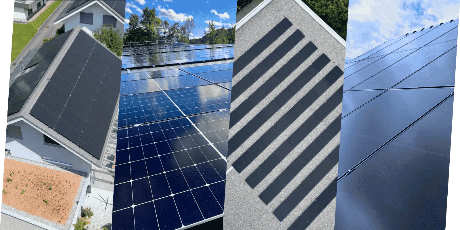 Collage of solar panel installations including rooftop panels on residential and commercial buildings, and close-up views of solar cells.