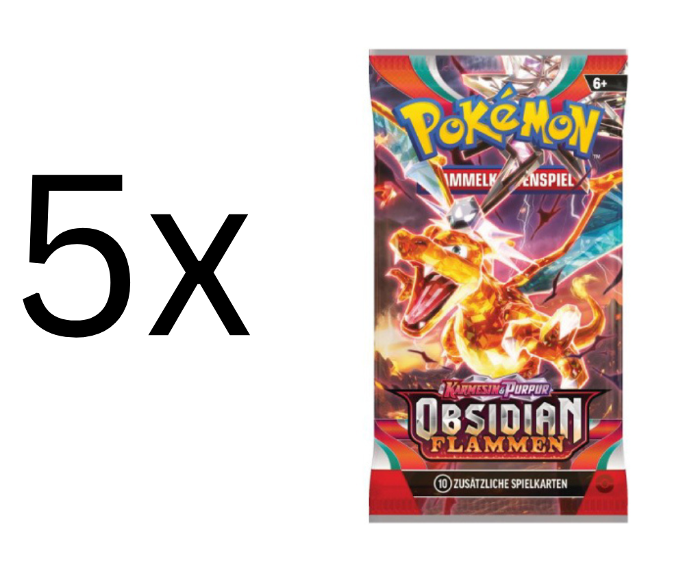 Pokemon - 5x Karmesin & Purpur Obsidian Flammen Booster - Deutsch 