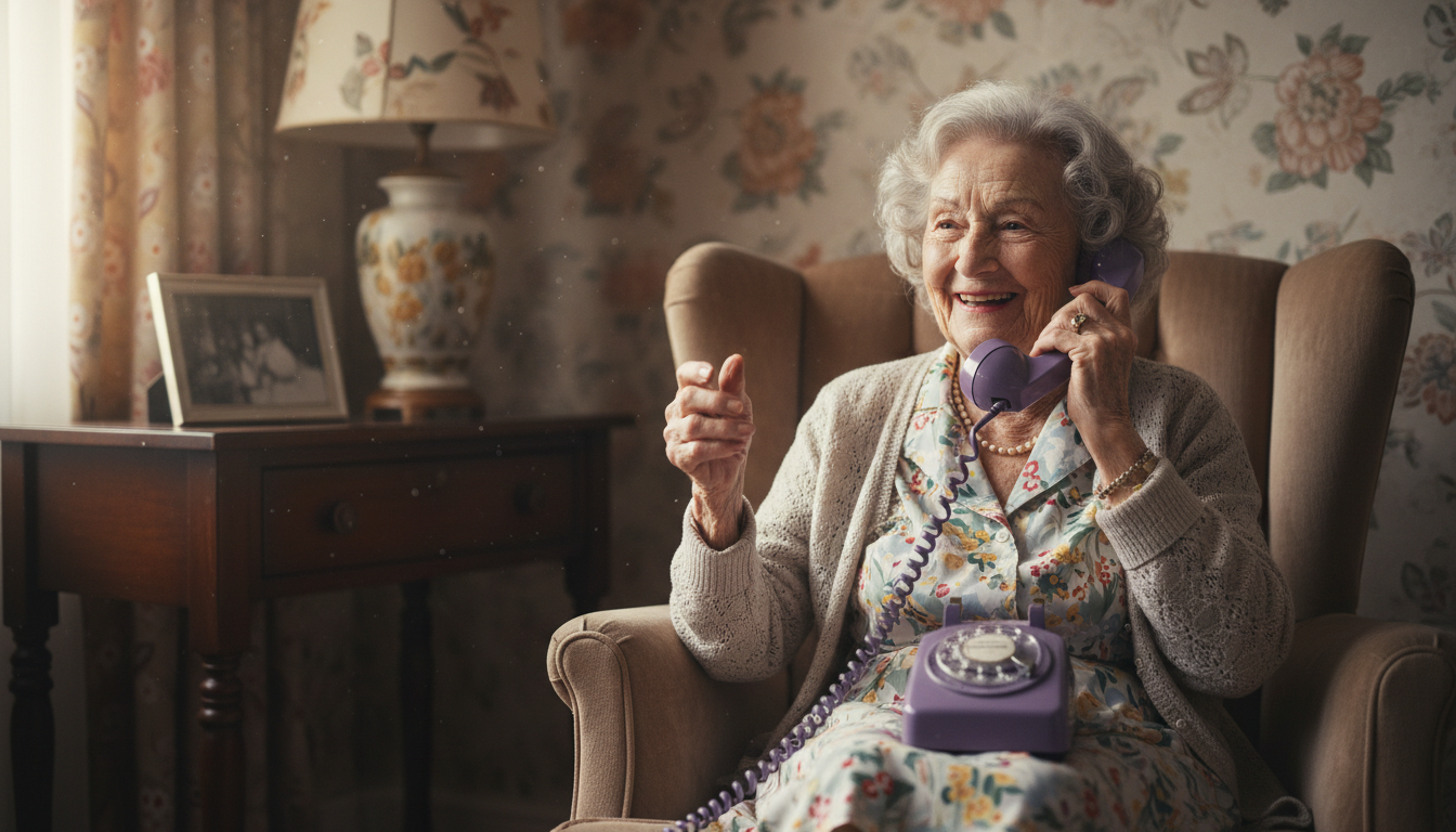 Oude dame spreekt via de vaste telefoon