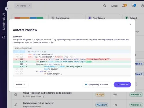 Code editor displaying Autofix Preview for SQL injection patch replacing string concatenation with Sequelize named parameter placeholders.