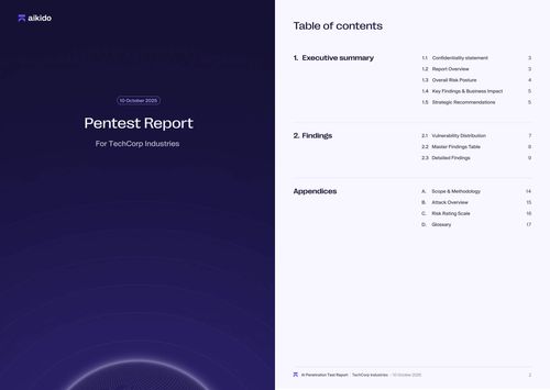 AIkido Pentest Report cover page dated 10 October 2025 for TechCorp Industries alongside the table of contents listing executive summary, findings, and appendices.