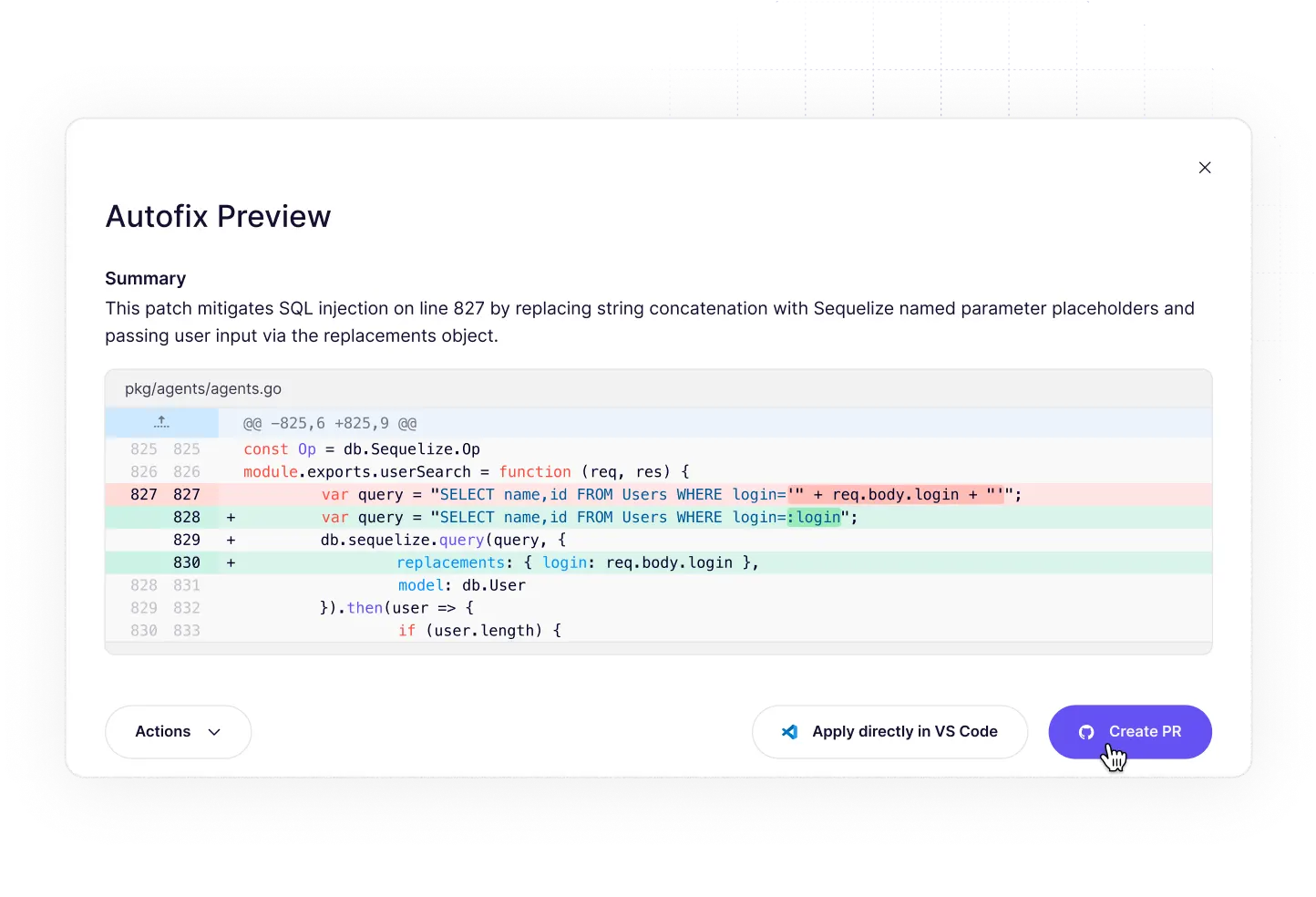 Autofix Preview window showing a code patch summary that fixes SQL injection by replacing string concatenation with Sequelize named parameter placeholders and passing user input via replacements object in a JavaScript code snippet.