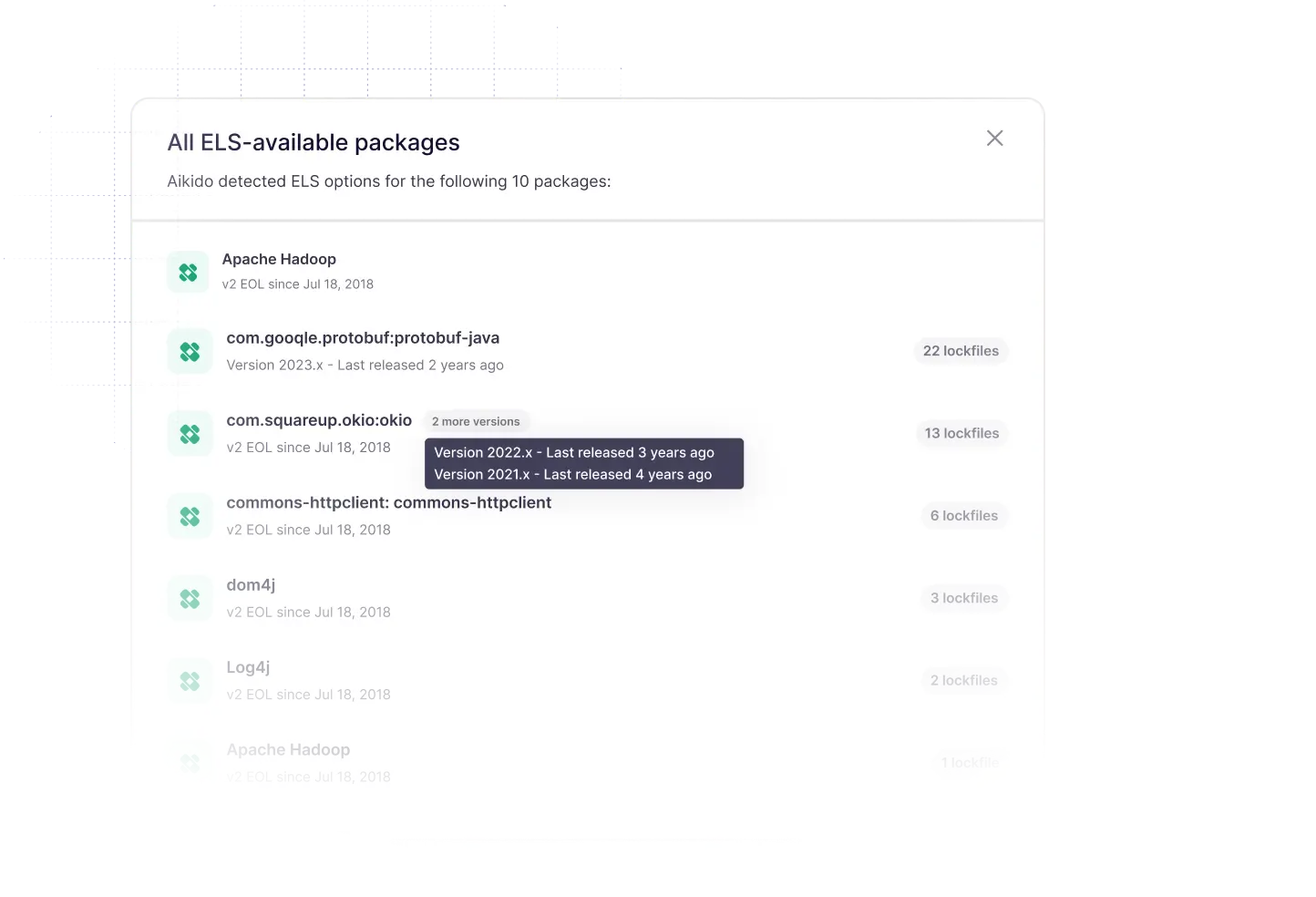List of 10 ELS-available software packages detected by Aikido, showing package names, version status, EOL dates, and lockfile counts.