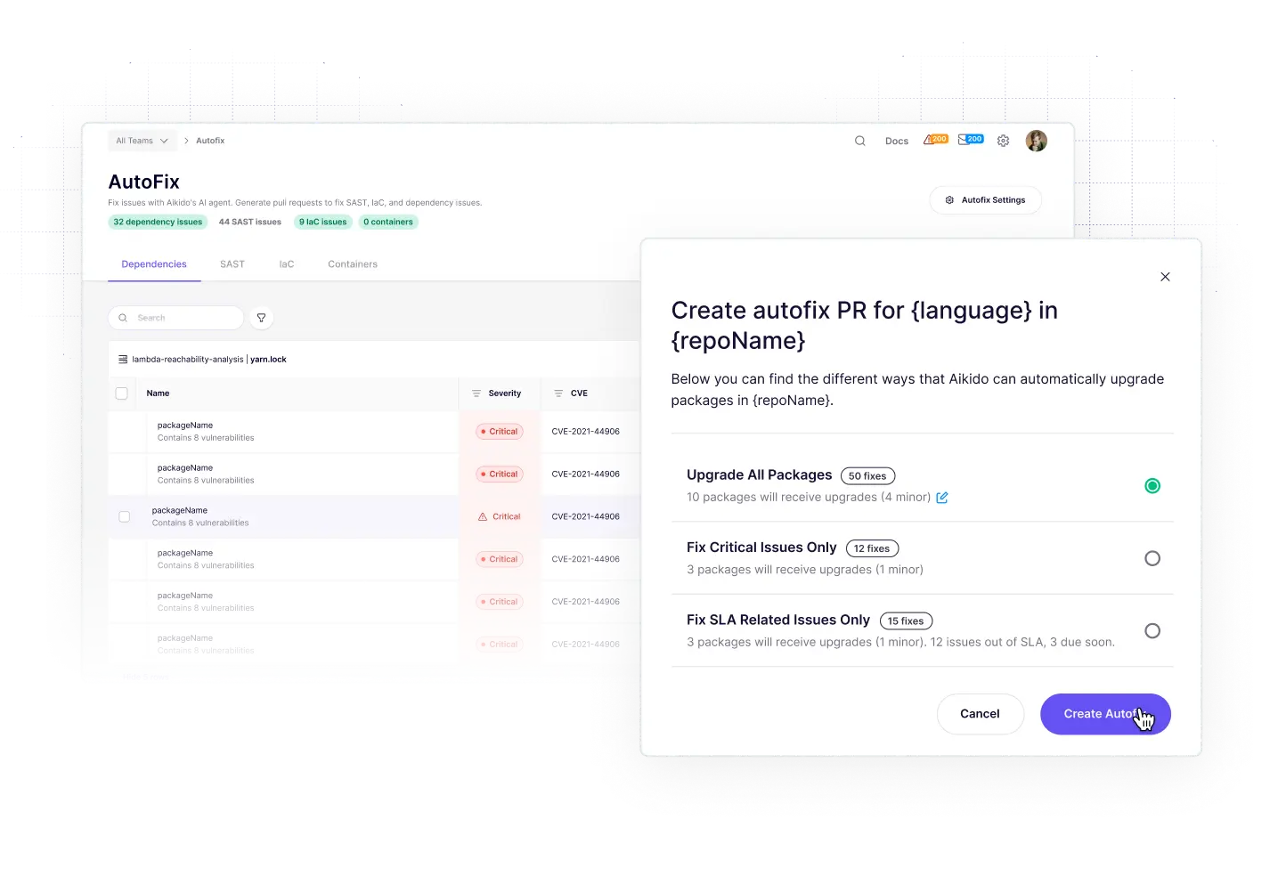 Interface do usuário mostrando o dashboard do AutoFix com problemas de dependência e um pop-up para criar pull requests de autofix para atualizações de pacotes com opções para atualizar todos, corrigir problemas críticos ou corrigir problemas relacionados ao SLA.