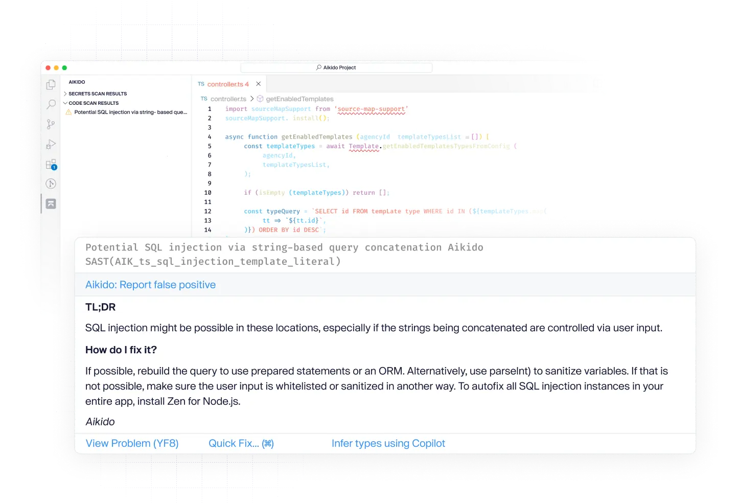 Code editor showing SQL injection warning for potential SQL injection via string-based query concatenation and suggested fixes including using prepared statements or ORM.