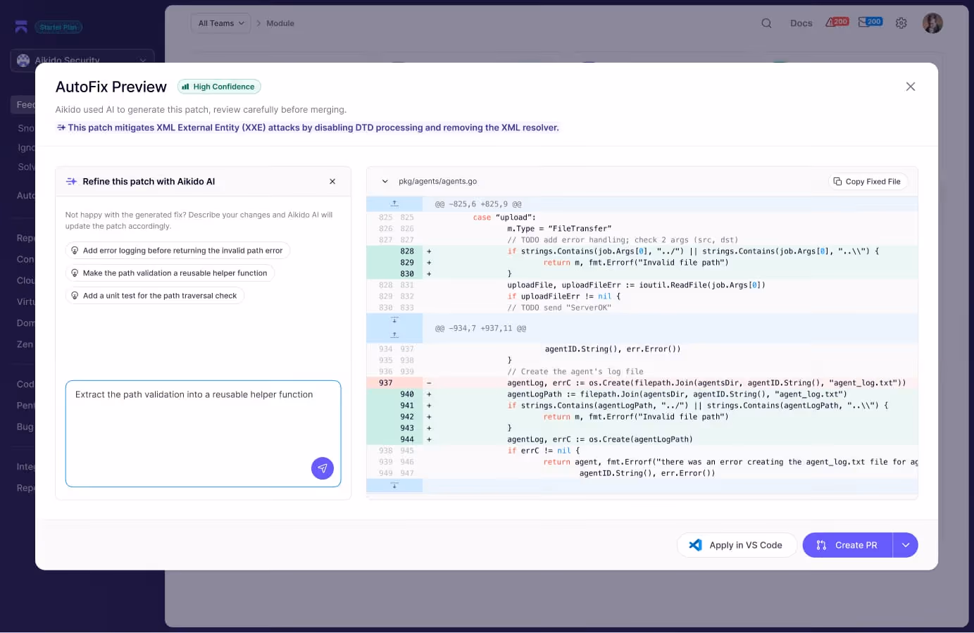 Code editor displaying Autofix Preview for SQL injection patch replacing string concatenation with Sequelize named parameter placeholders.