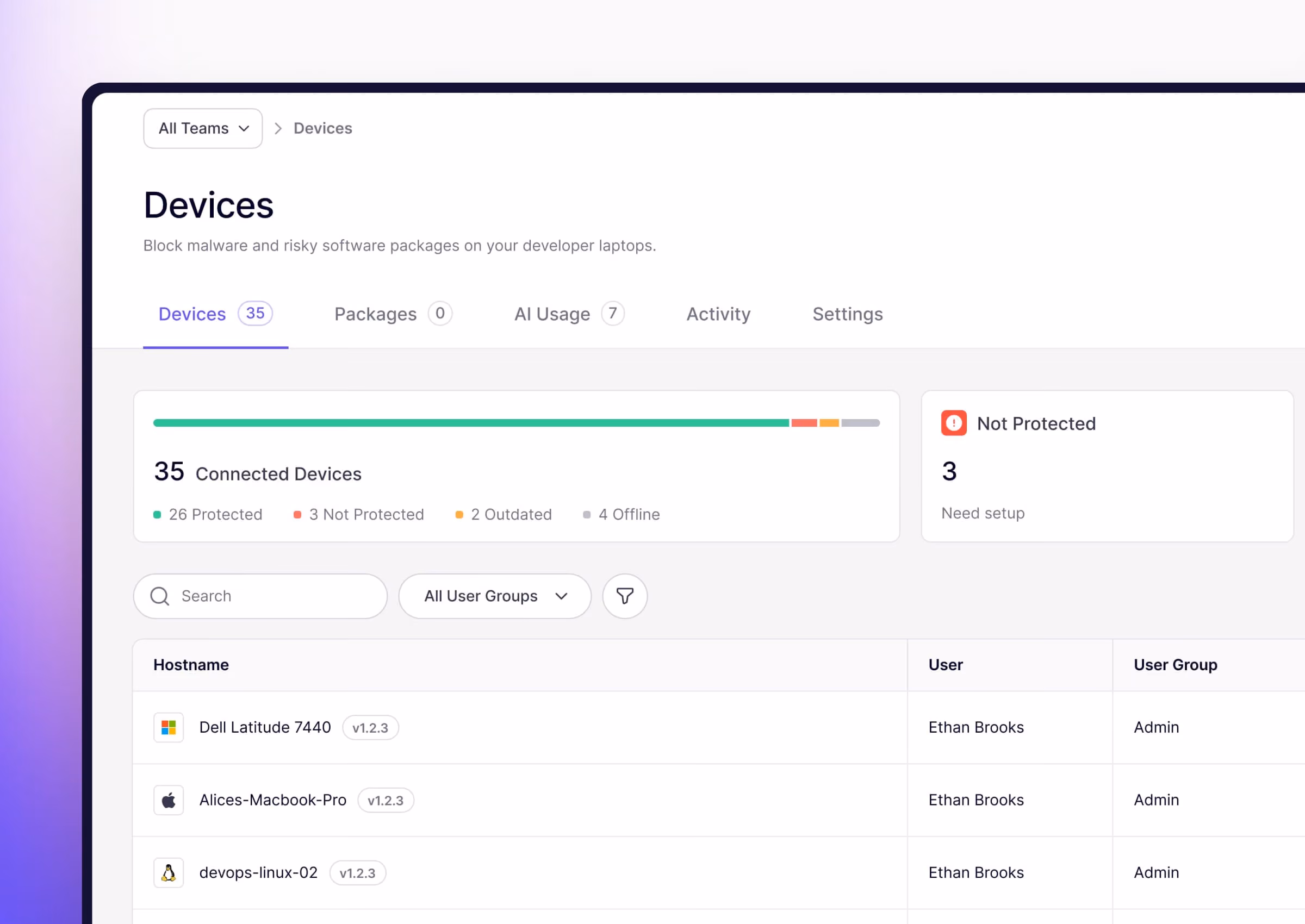 Dashboard of Aikido device protection showing a list of protected developer devices from malware attacks and shadow AI