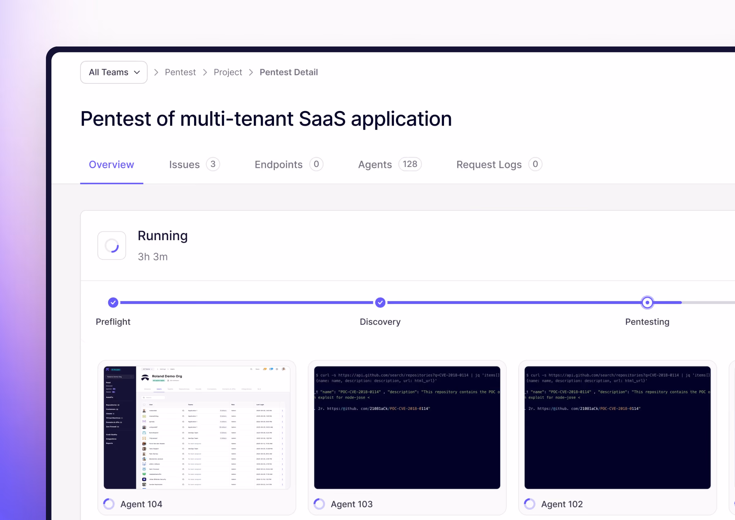 Dashboard showing a running whitebox pentest on aikido.dev with stages and multiple agents active.