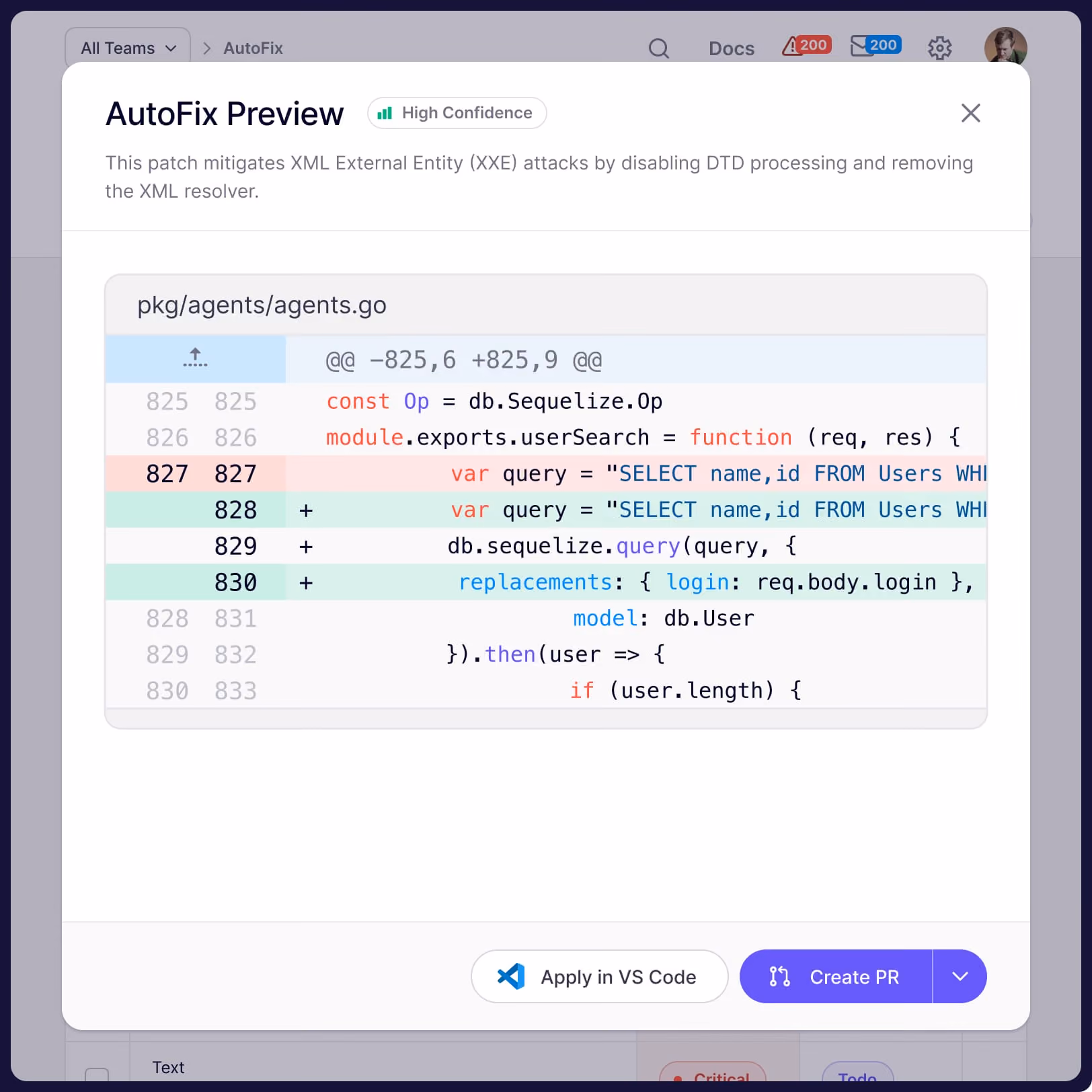 Code editor displaying Autofix Preview for SQL injection patch replacing string concatenation with Sequelize named parameter placeholders.
