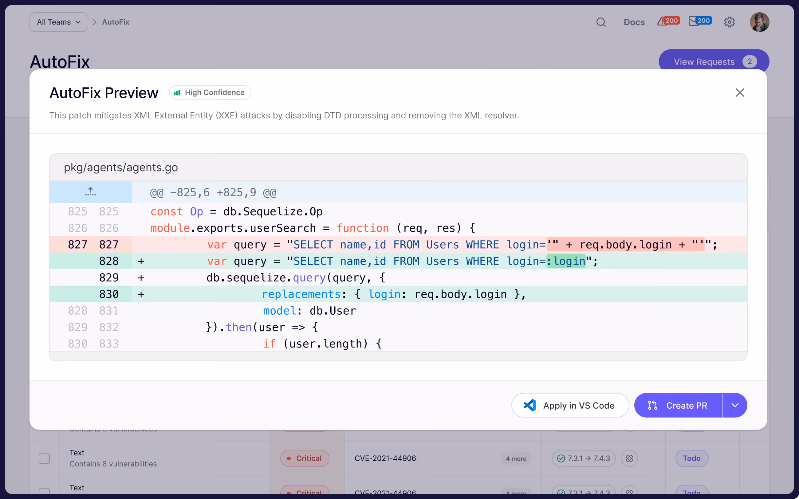 Code editor displaying Autofix Preview for SQL injection patch replacing string concatenation with Sequelize named parameter placeholders.