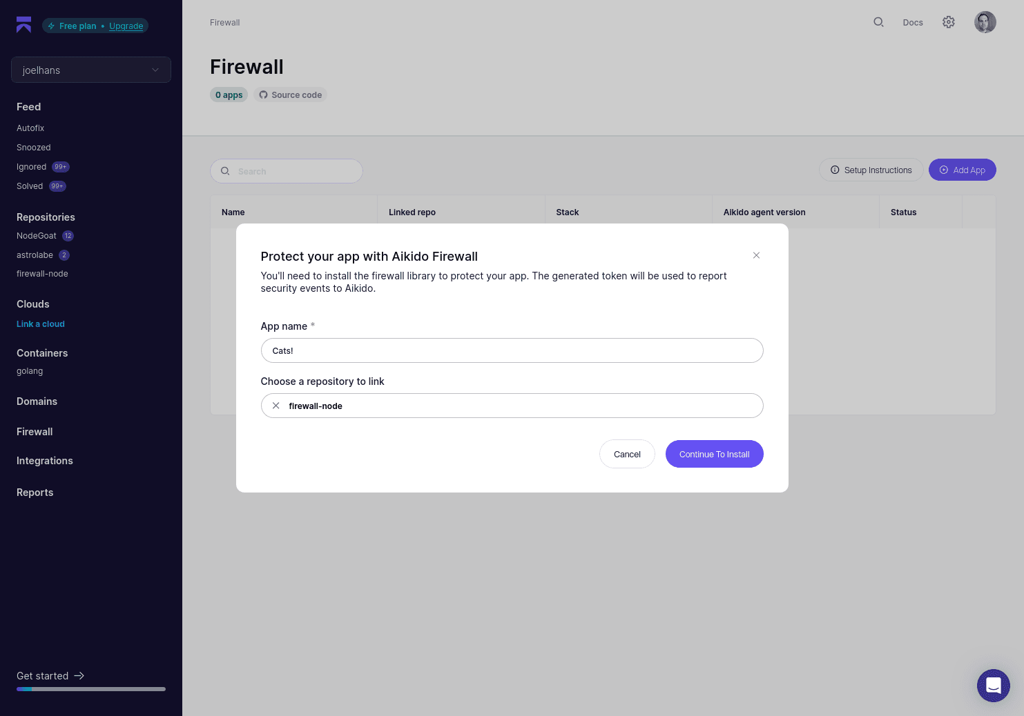 Adding Firewall to a Node.js project to protect against JavaScript SQL injection attacks.