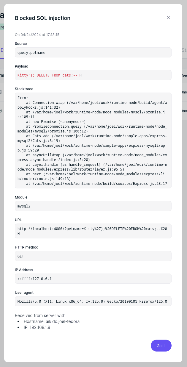 Exemple de blocage par le pare-feu d'une attaque par injection SQL en JavaScript.