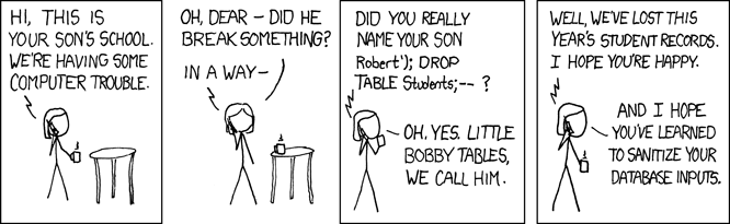 La célèbre bande dessinée "Bobby Tables", illustrant une possible attaque par injection SQL en JavaScript.